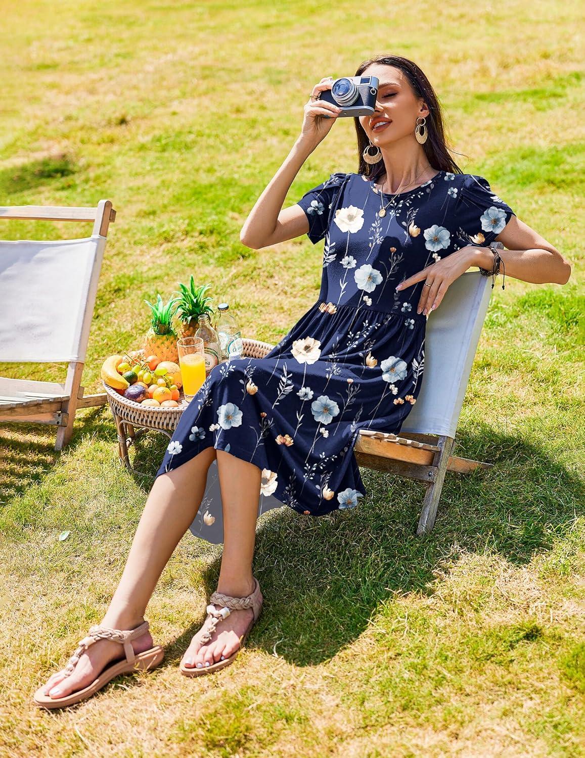 imageZeagoo Women Summer Short Sleeve Midi Dress with Pockets Casual Aline Flowy Tshirt Dress Floral Vocation Beach SundressNavy Print