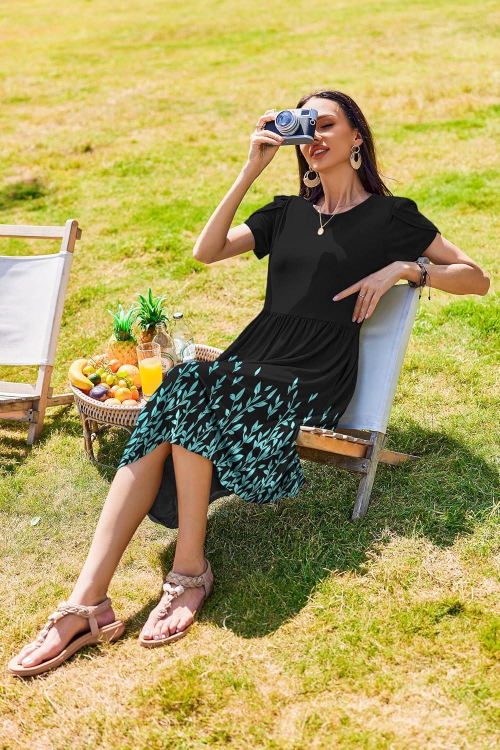 imageZeagoo Women Summer Short Sleeve Midi Dress with Pockets Casual Aline Flowy Tshirt Dress Floral Vocation Beach SundressPa355