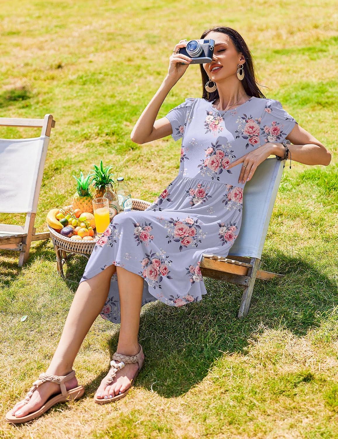 imageZeagoo Women Summer Short Sleeve Midi Dress with Pockets Casual Aline Flowy Tshirt Dress Floral Vocation Beach SundressPurple Floral