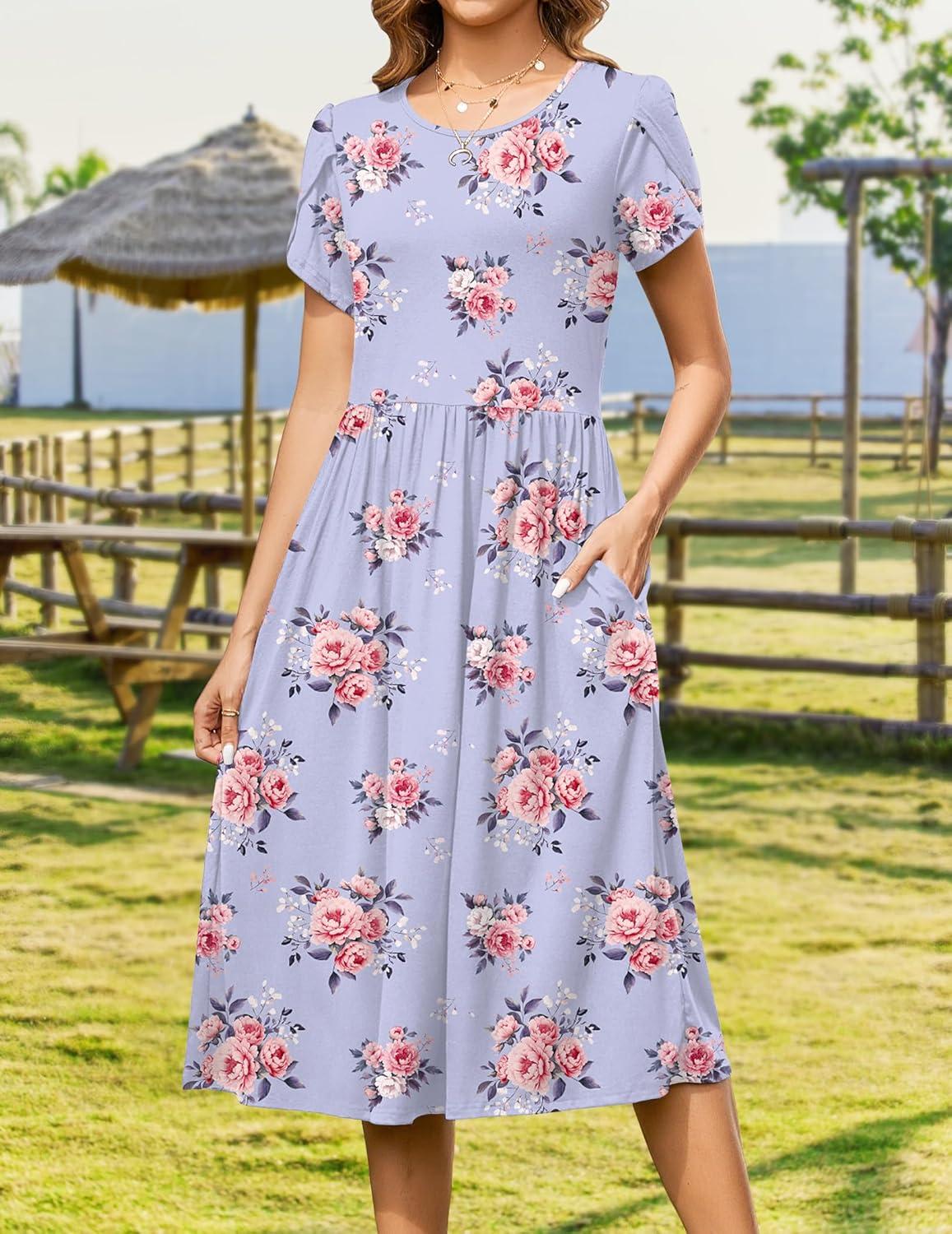imageZeagoo Women Summer Short Sleeve Midi Dress with Pockets Casual Aline Flowy Tshirt Dress Floral Vocation Beach SundressPurple Floral