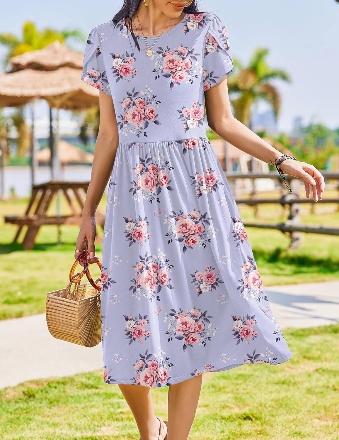 imageZeagoo Women Summer Short Sleeve Midi Dress with Pockets Casual Aline Flowy Tshirt Dress Floral Vocation Beach SundressPurple Floral