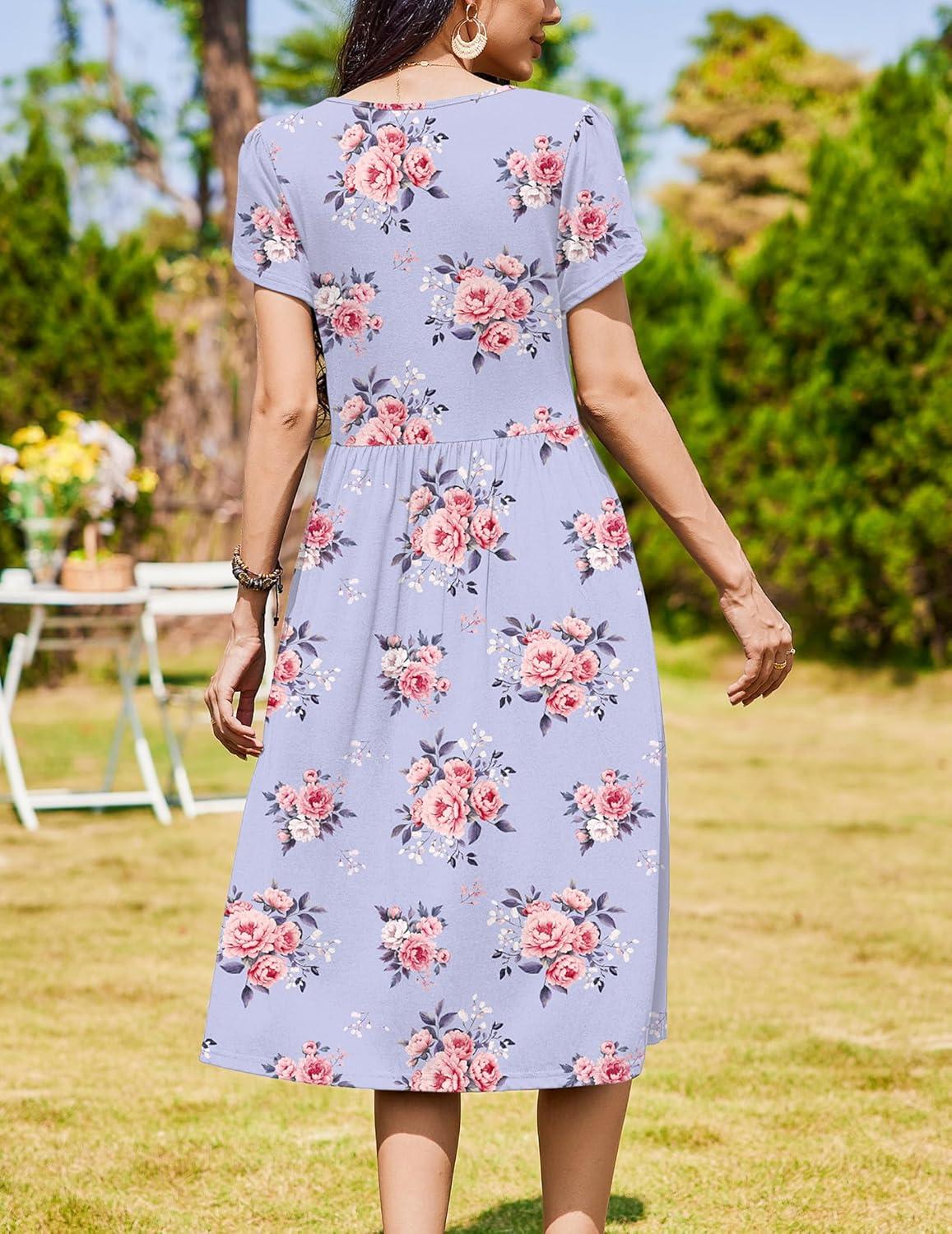 imageZeagoo Women Summer Short Sleeve Midi Dress with Pockets Casual Aline Flowy Tshirt Dress Floral Vocation Beach SundressPurple Floral