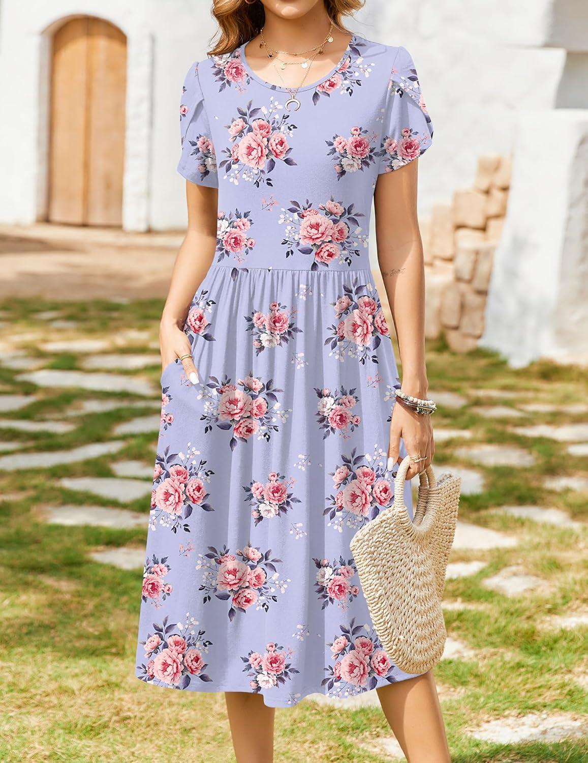 imageZeagoo Women Summer Short Sleeve Midi Dress with Pockets Casual Aline Flowy Tshirt Dress Floral Vocation Beach SundressPurple Floral