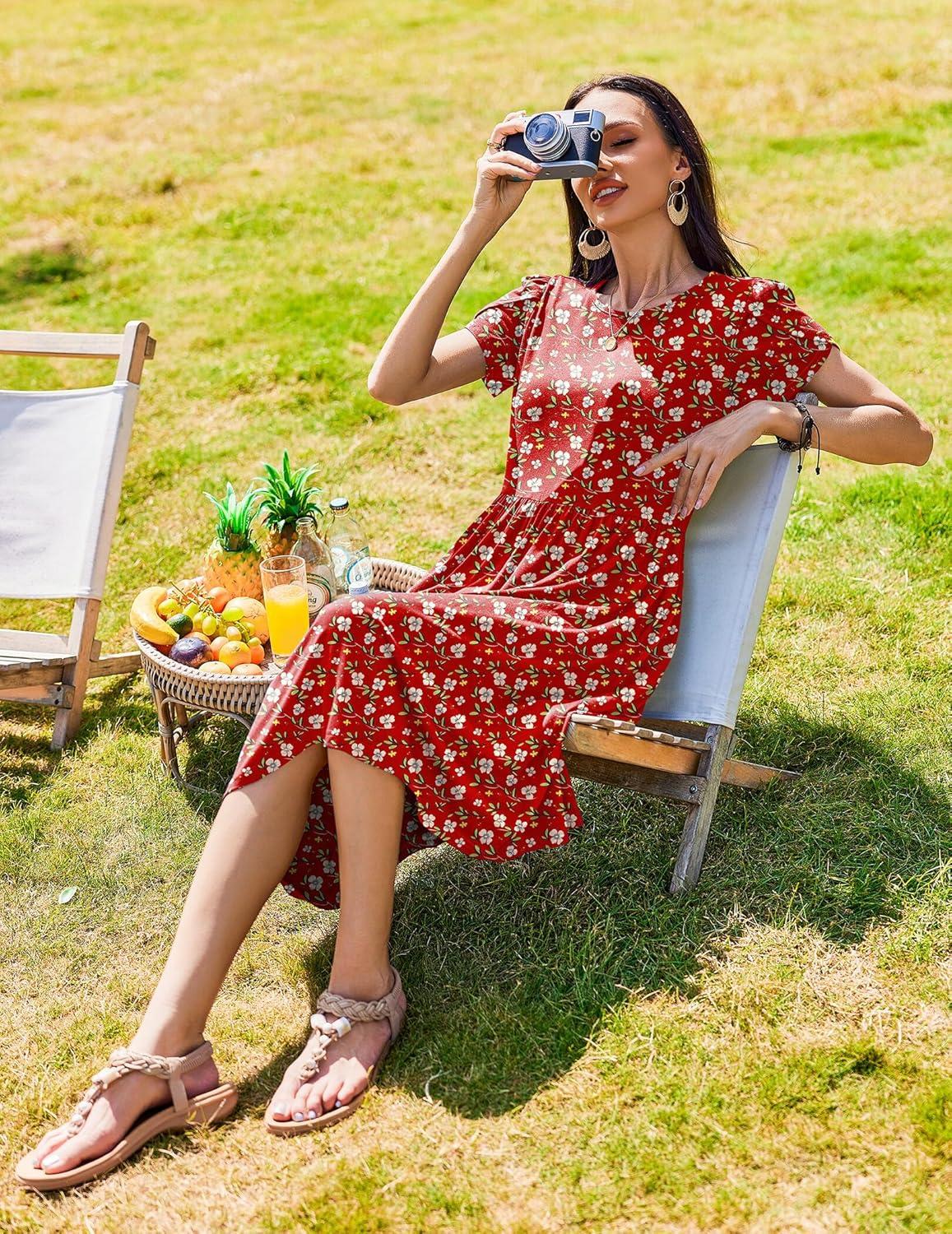 imageZeagoo Women Summer Short Sleeve Midi Dress with Pockets Casual Aline Flowy Tshirt Dress Floral Vocation Beach SundressRed Floral