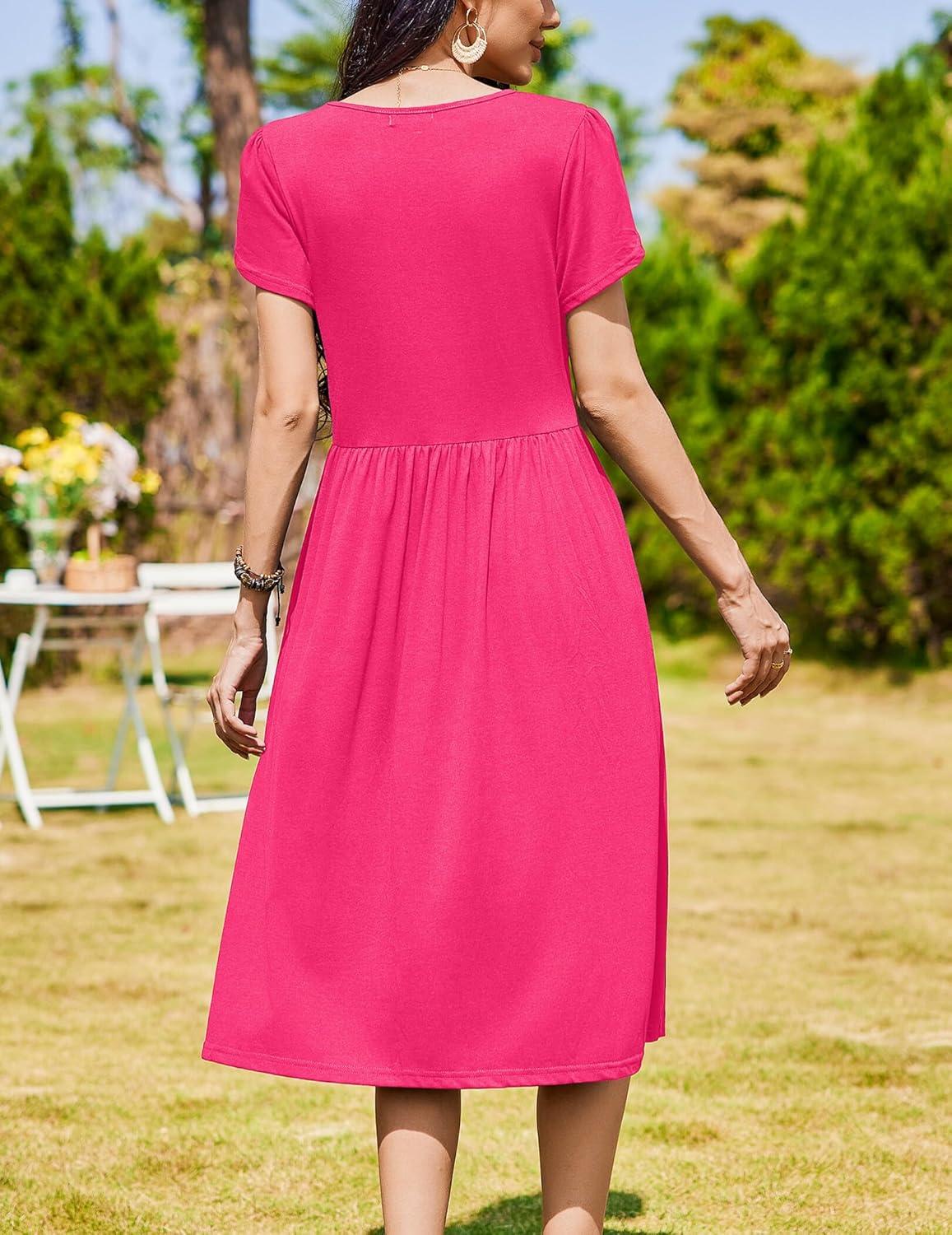 imageZeagoo Women Summer Short Sleeve Midi Dress with Pockets Casual Aline Flowy Tshirt Dress Floral Vocation Beach SundressRose Red