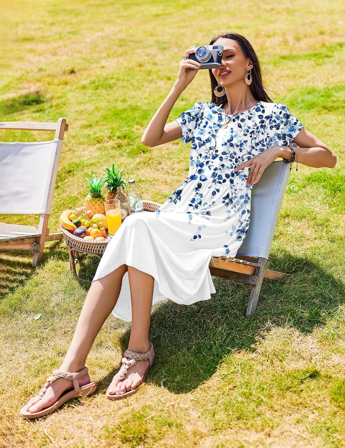 imageZeagoo Women Summer Short Sleeve Midi Dress with Pockets Casual Aline Flowy Tshirt Dress Floral Vocation Beach SundressWf41