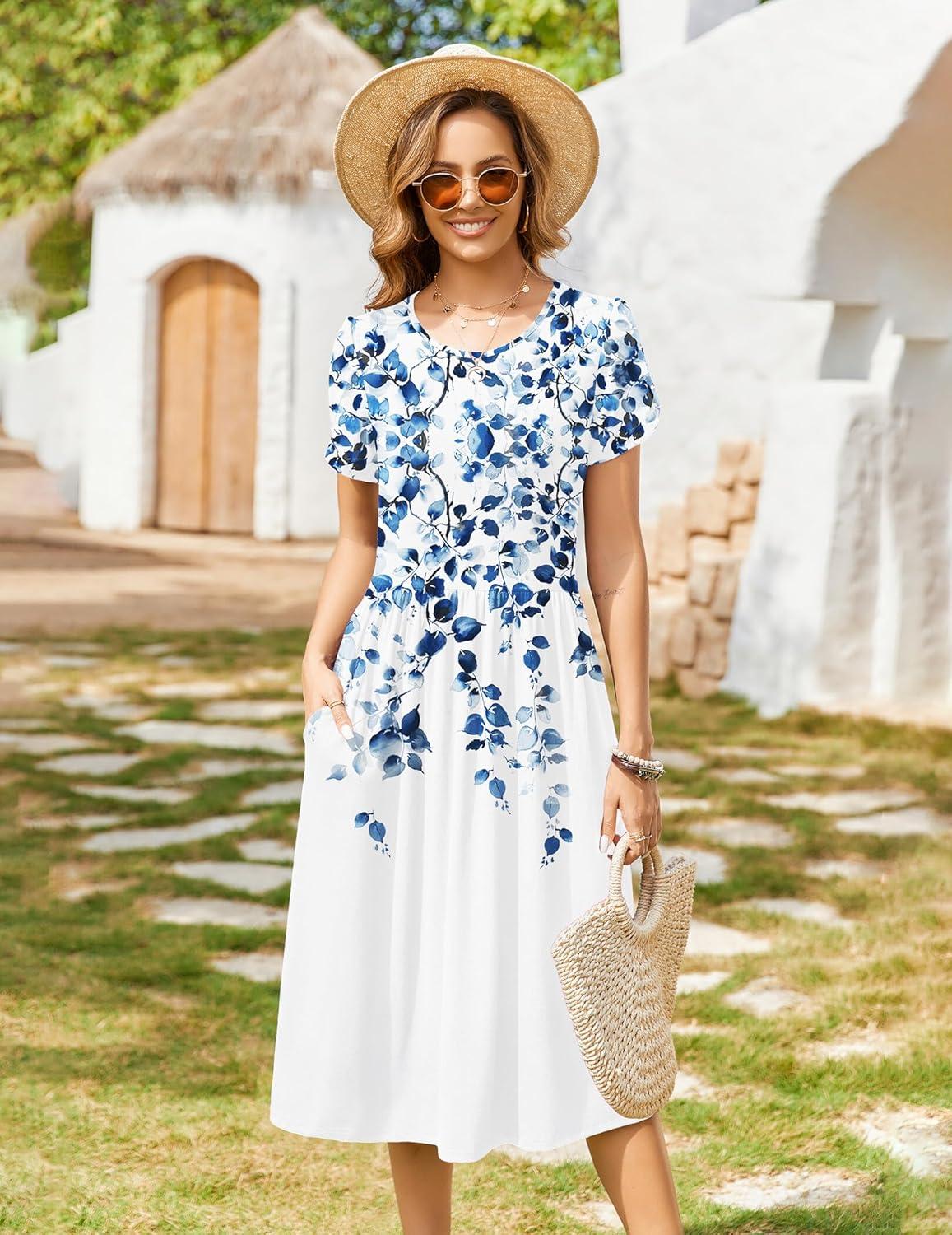 imageZeagoo Women Summer Short Sleeve Midi Dress with Pockets Casual Aline Flowy Tshirt Dress Floral Vocation Beach SundressWf41