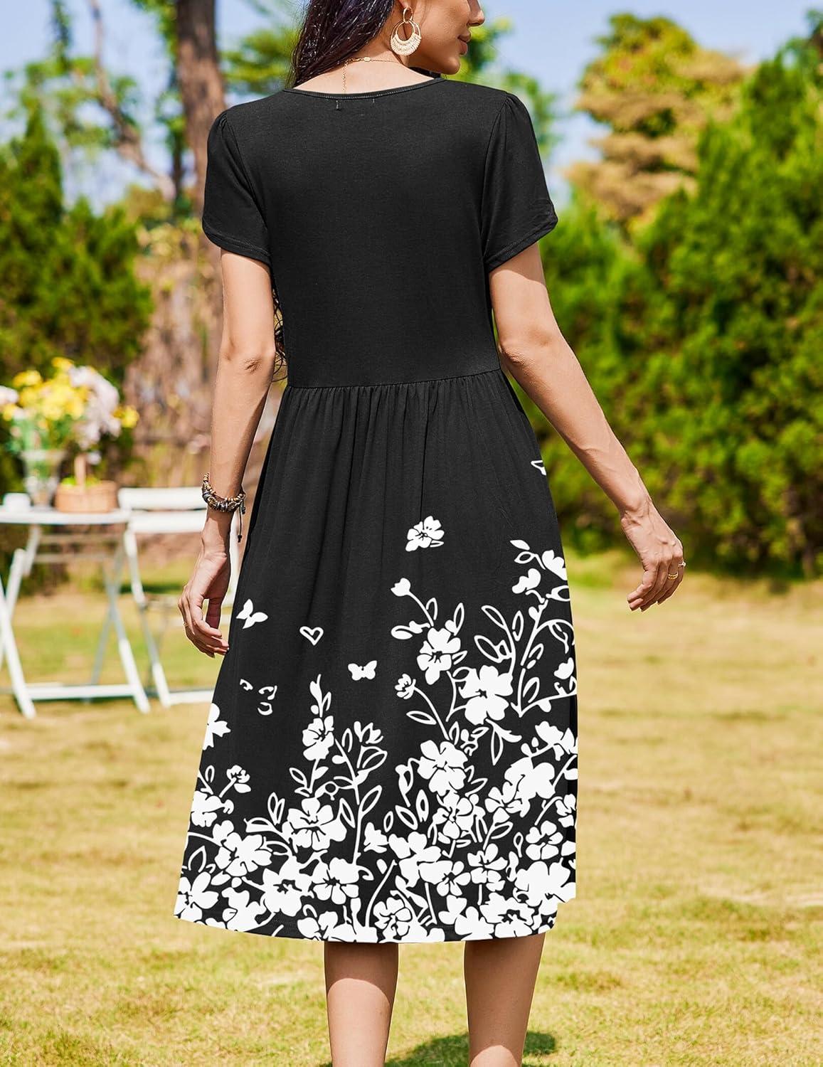 imageZeagoo Women Summer Short Sleeve Midi Dress with Pockets Casual Aline Flowy Tshirt Dress Floral Vocation Beach SundressWhite Floral Black