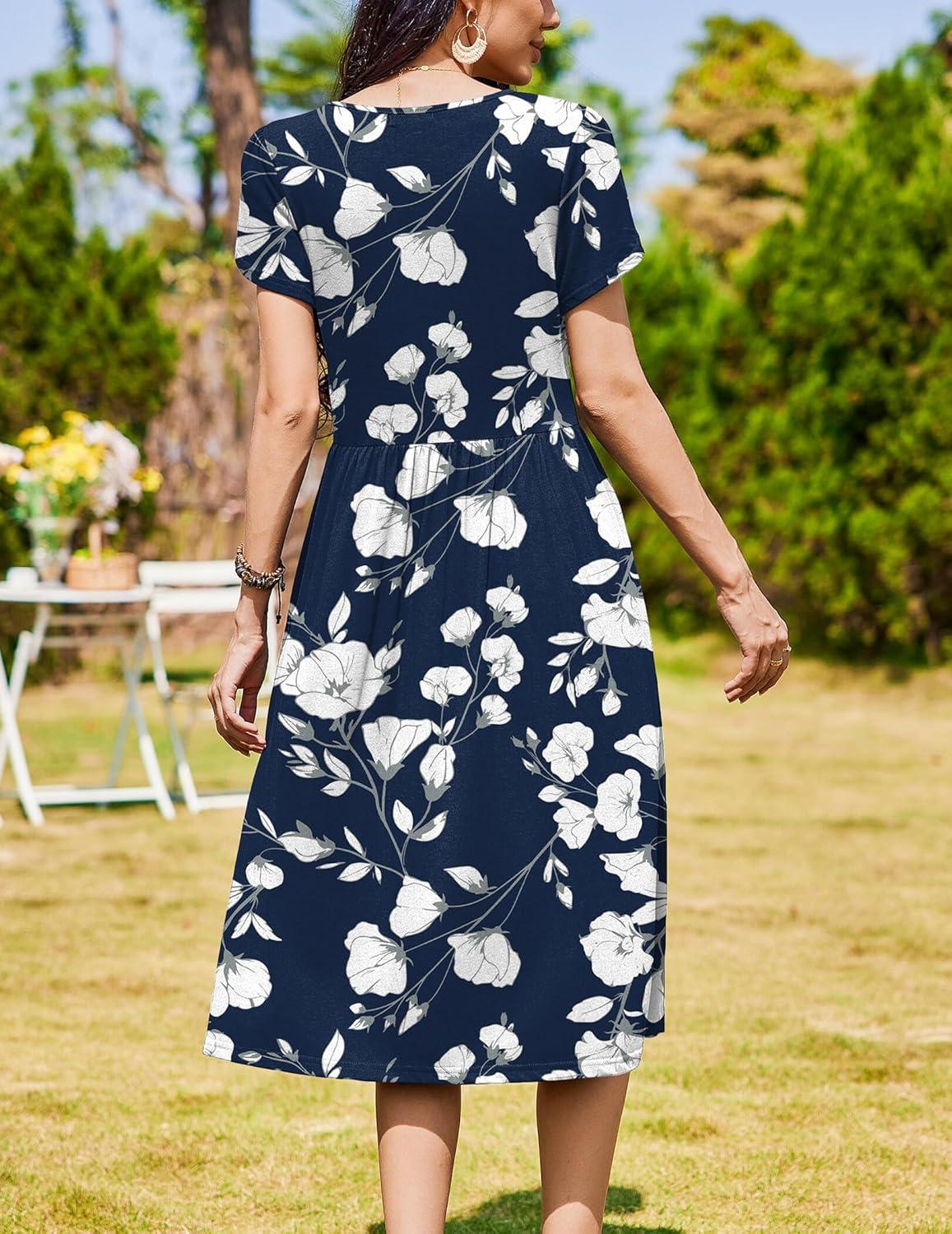 imageZeagoo Women Summer Short Sleeve Midi Dress with Pockets Casual Aline Flowy Tshirt Dress Floral Vocation Beach SundressWhite Floral Blue