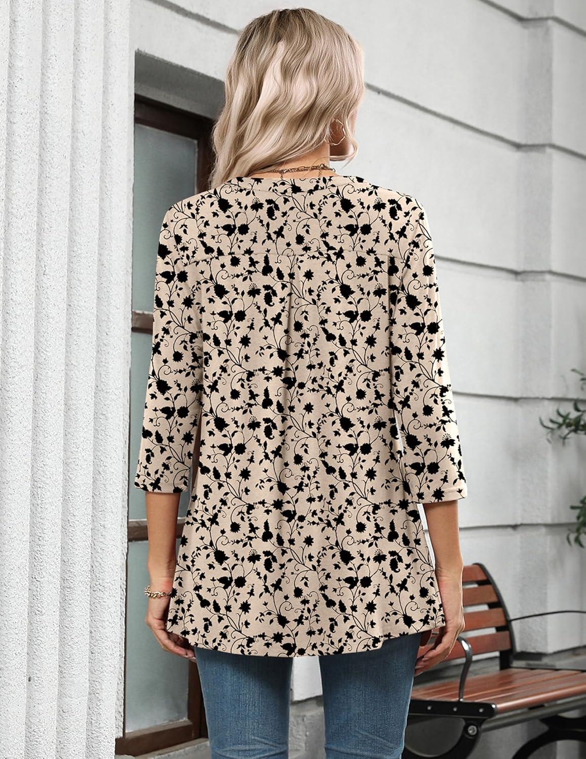 imageZeagoo Womens 34 Length Sleeve Tops V Neck Tunic Casual Dressy Blouse Floral Printed ShirtsApricot Black Floral