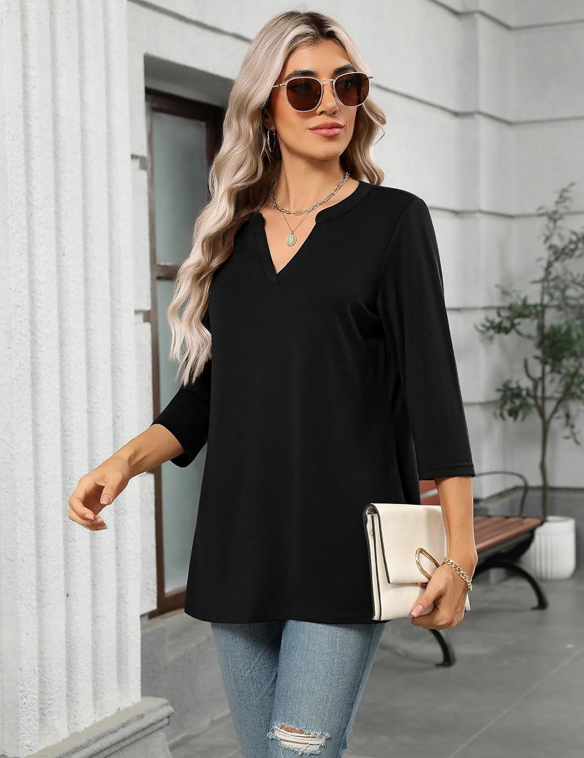 imageZeagoo Womens 34 Length Sleeve Tops V Neck Tunic Casual Dressy Blouse Floral Printed ShirtsBlack