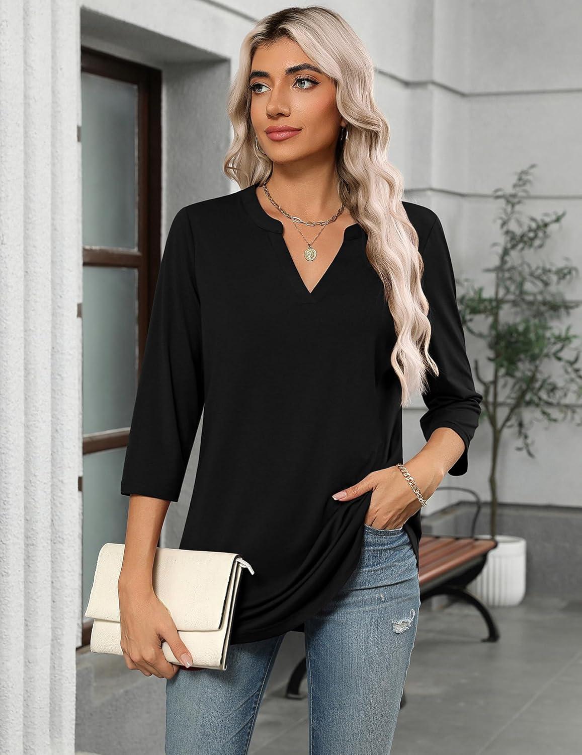 imageZeagoo Womens 34 Length Sleeve Tops V Neck Tunic Casual Dressy Blouse Floral Printed ShirtsBlack