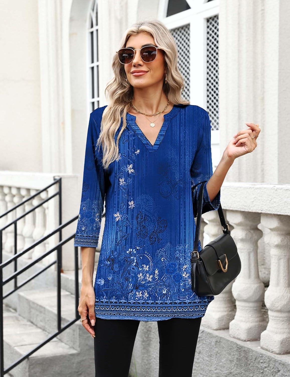 imageZeagoo Womens 34 Length Sleeve Tops V Neck Tunic Casual Dressy Blouse Floral Printed ShirtsBlue Floral