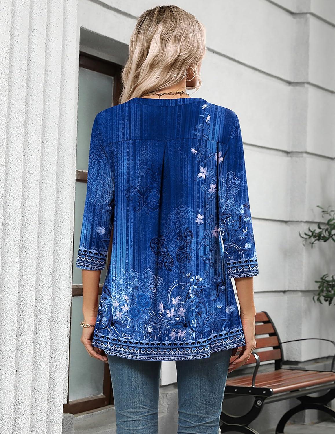 imageZeagoo Womens 34 Length Sleeve Tops V Neck Tunic Casual Dressy Blouse Floral Printed ShirtsBlue Floral