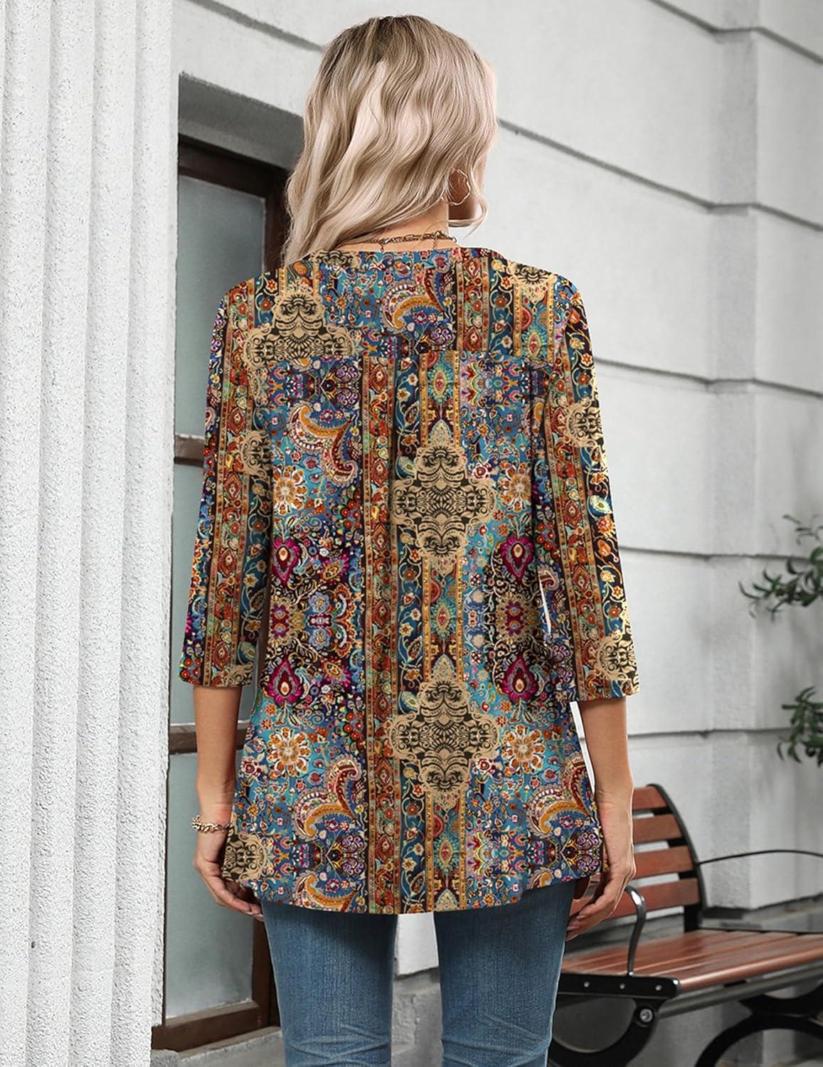 imageZeagoo Womens 34 Length Sleeve Tops V Neck Tunic Casual Dressy Blouse Floral Printed ShirtsBoho Multicolor