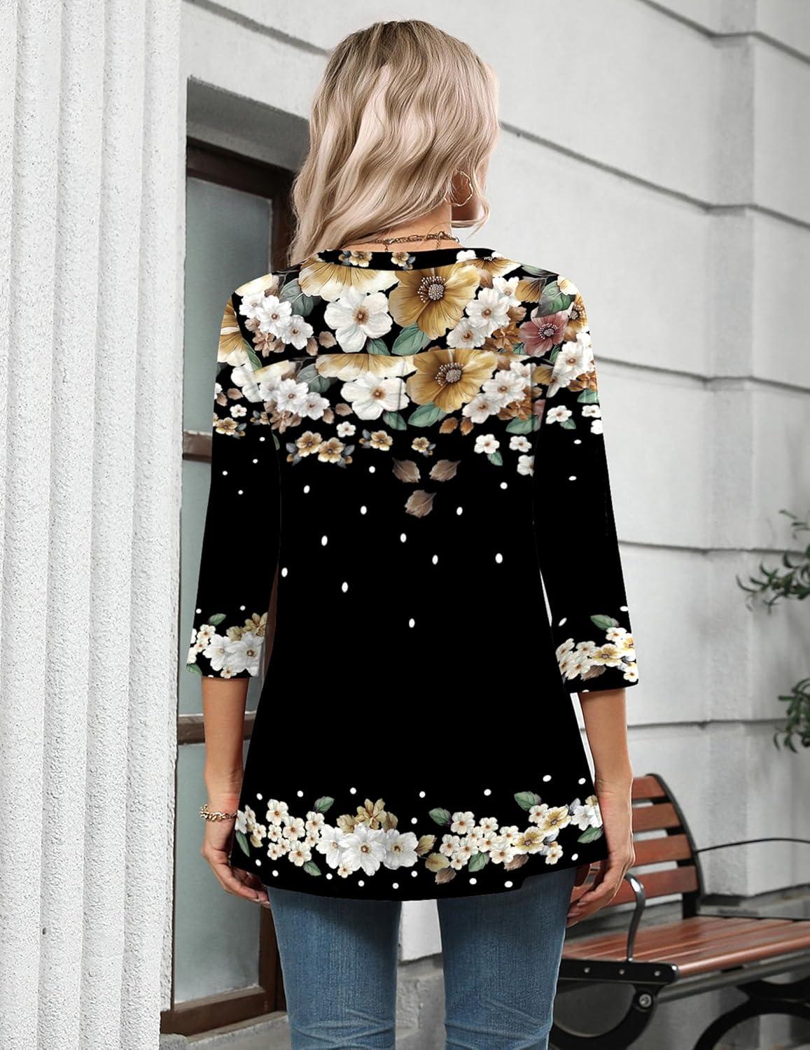 imageZeagoo Womens 34 Length Sleeve Tops V Neck Tunic Casual Dressy Blouse Floral Printed ShirtsFloral Black