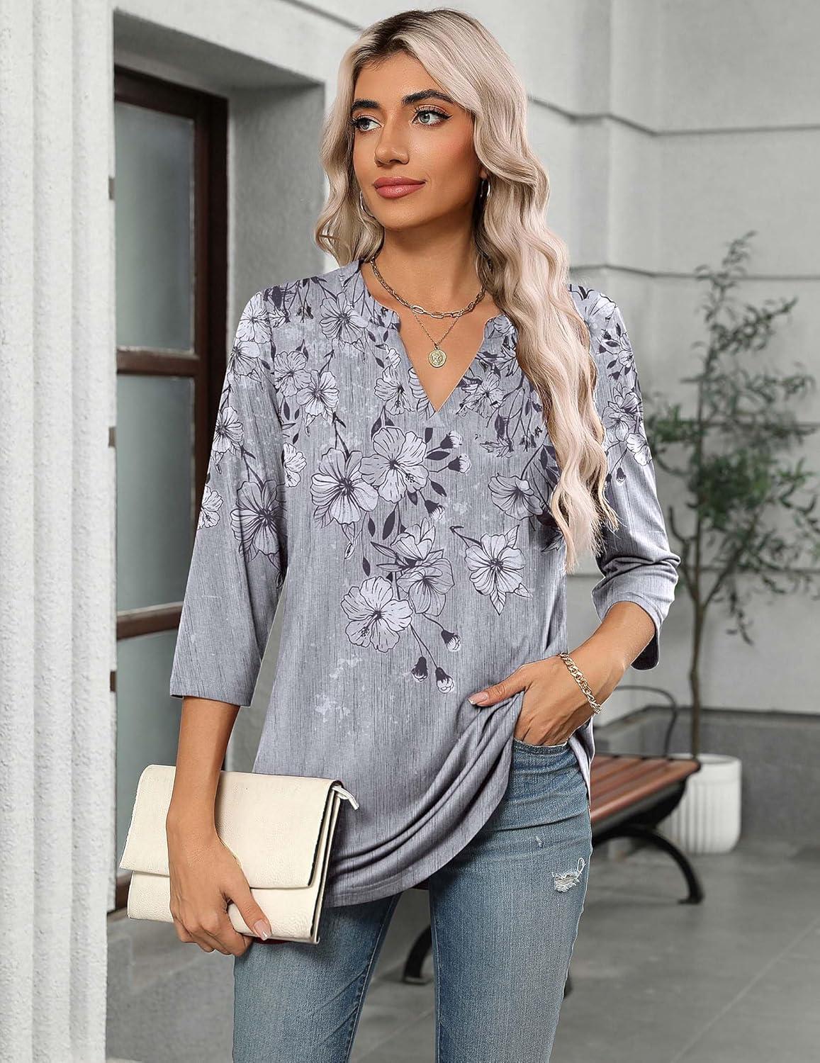 imageZeagoo Womens 34 Length Sleeve Tops V Neck Tunic Casual Dressy Blouse Floral Printed ShirtsGray Floral