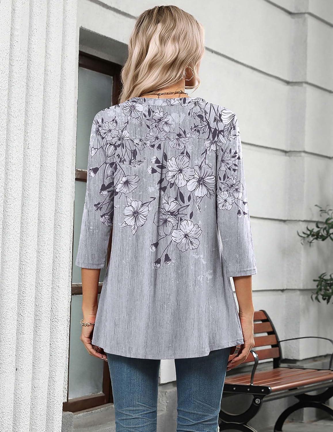 imageZeagoo Womens 34 Length Sleeve Tops V Neck Tunic Casual Dressy Blouse Floral Printed ShirtsGray Floral