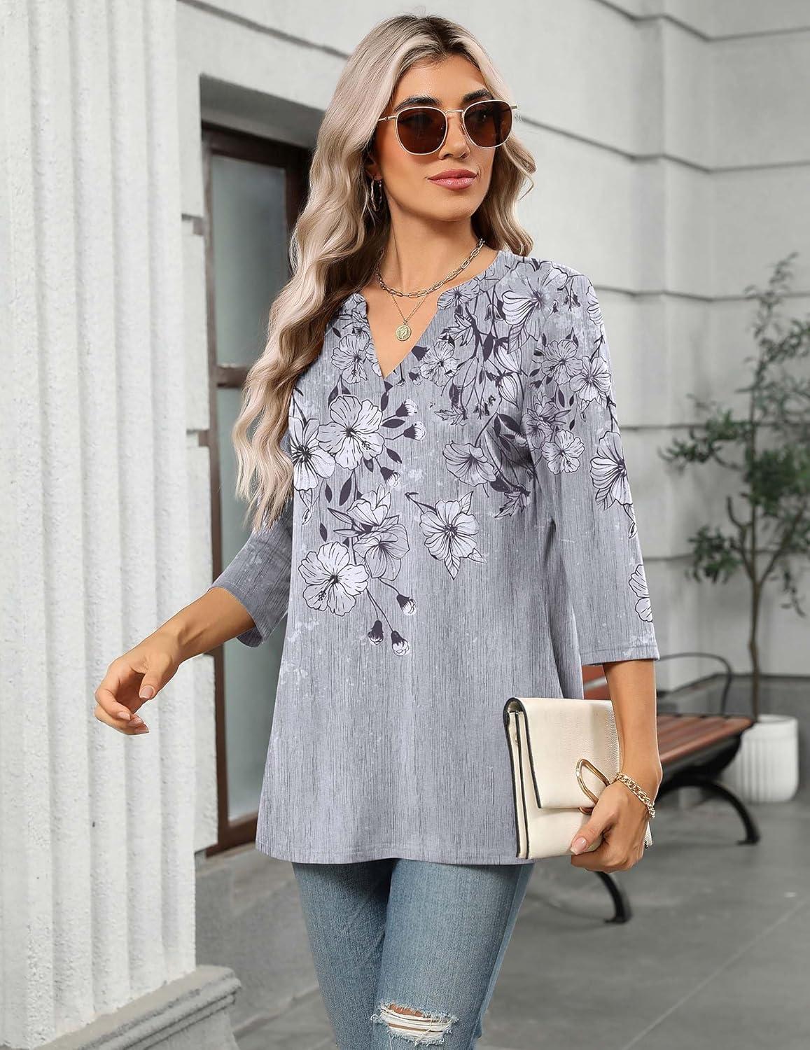 imageZeagoo Womens 34 Length Sleeve Tops V Neck Tunic Casual Dressy Blouse Floral Printed ShirtsGray Floral