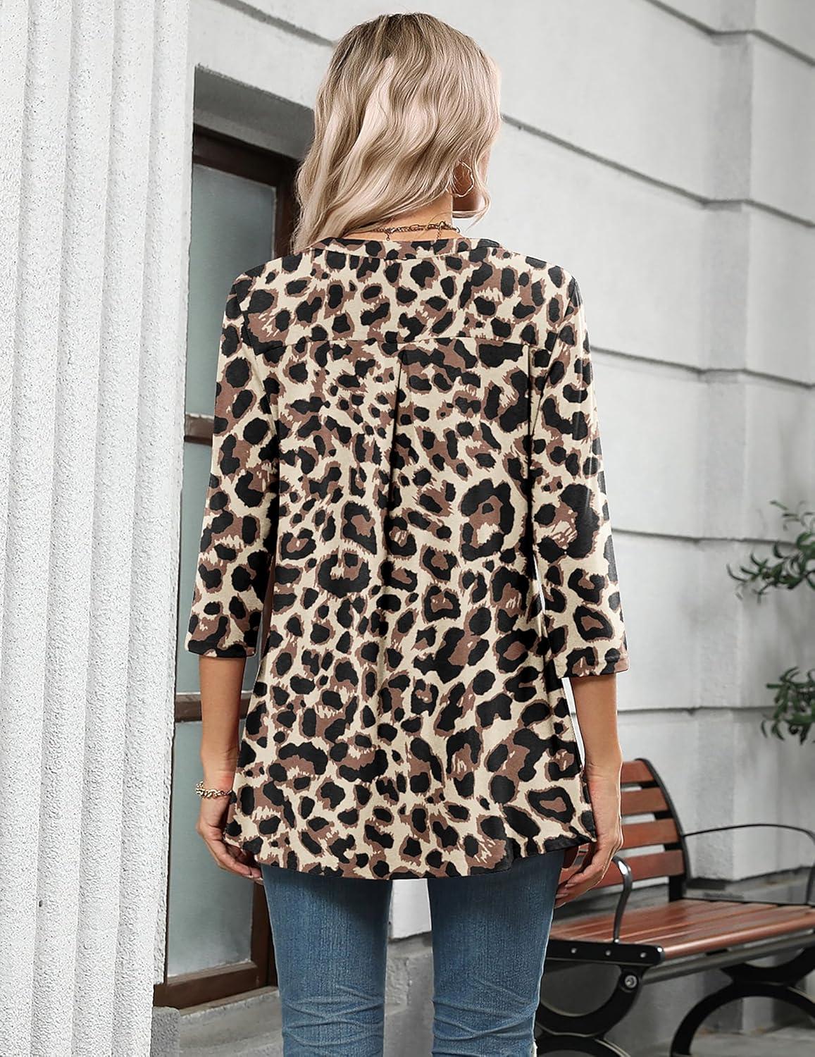 imageZeagoo Womens 34 Length Sleeve Tops V Neck Tunic Casual Dressy Blouse Floral Printed ShirtsLeopard Brown