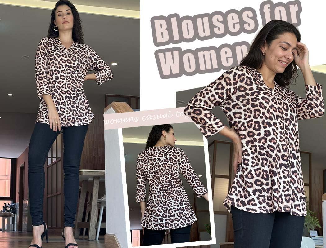 imageZeagoo Womens 34 Length Sleeve Tops V Neck Tunic Casual Dressy Blouse Floral Printed ShirtsLeopard Brown