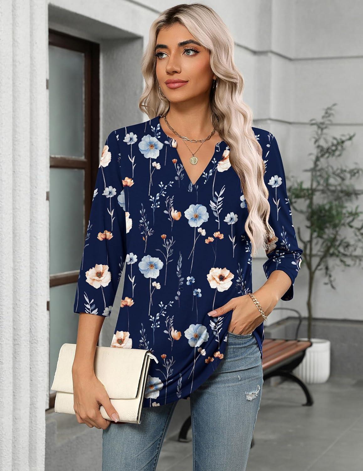 imageZeagoo Womens 34 Length Sleeve Tops V Neck Tunic Casual Dressy Blouse Floral Printed ShirtsNavy Blue Floral