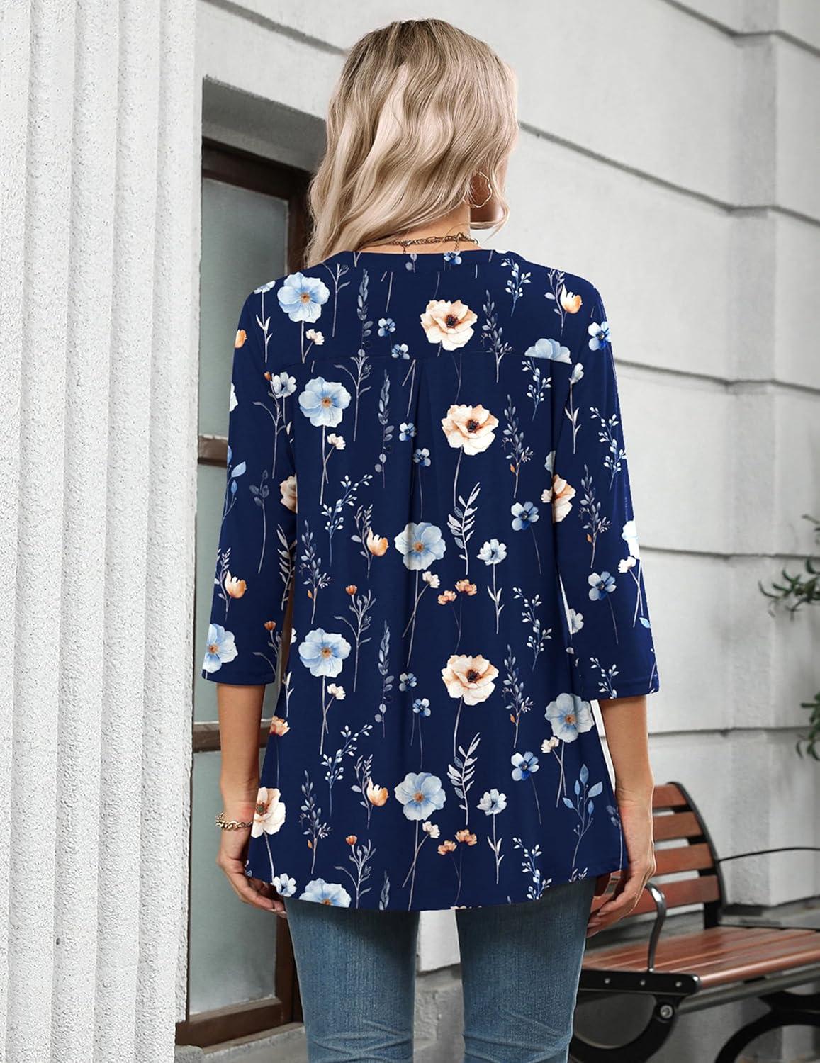 imageZeagoo Womens 34 Length Sleeve Tops V Neck Tunic Casual Dressy Blouse Floral Printed ShirtsNavy Blue Floral