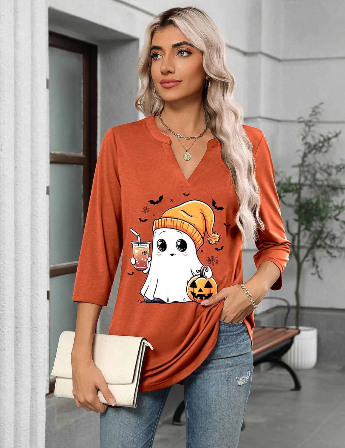 imageZeagoo Womens 34 Length Sleeve Tops V Neck Tunic Casual Dressy Blouse Floral Printed ShirtsOrange Spooky