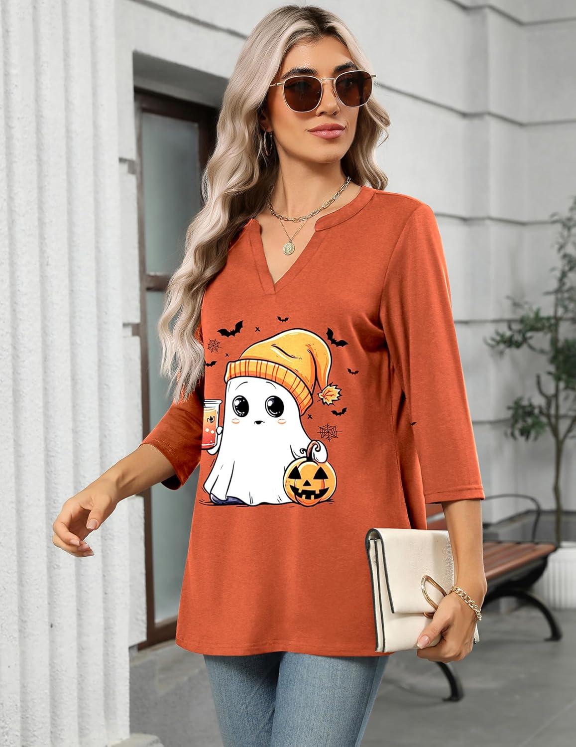 imageZeagoo Womens 34 Length Sleeve Tops V Neck Tunic Casual Dressy Blouse Floral Printed ShirtsOrange Spooky