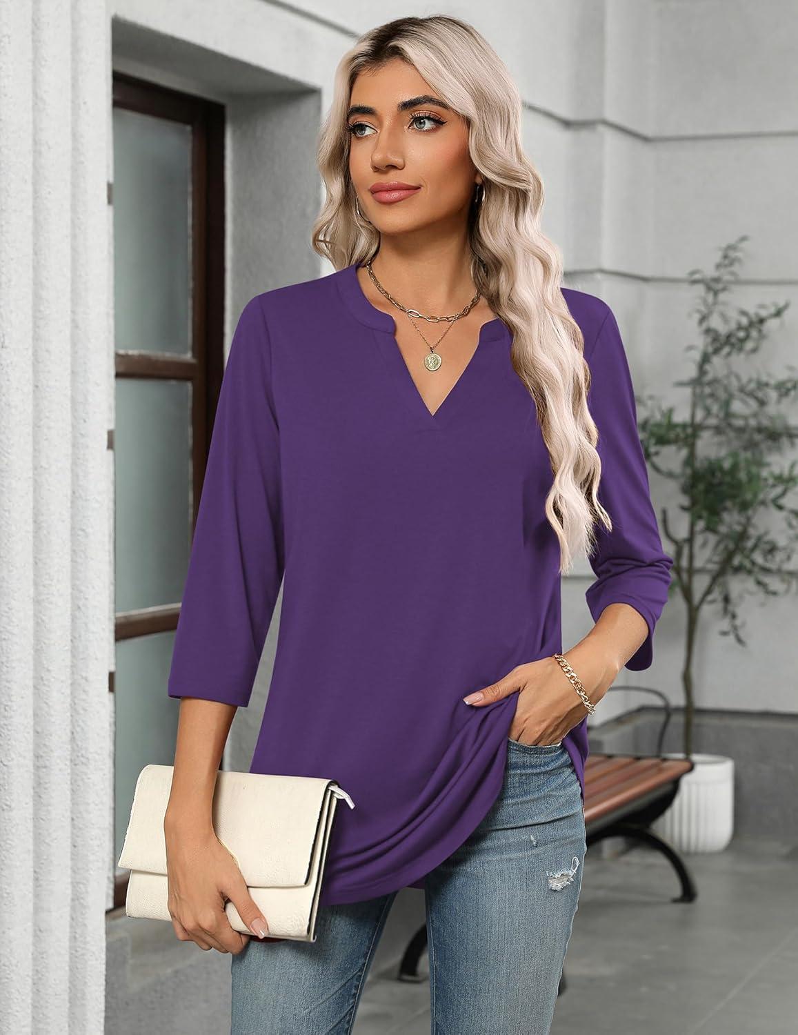 imageZeagoo Womens 34 Length Sleeve Tops V Neck Tunic Casual Dressy Blouse Floral Printed ShirtsPurple