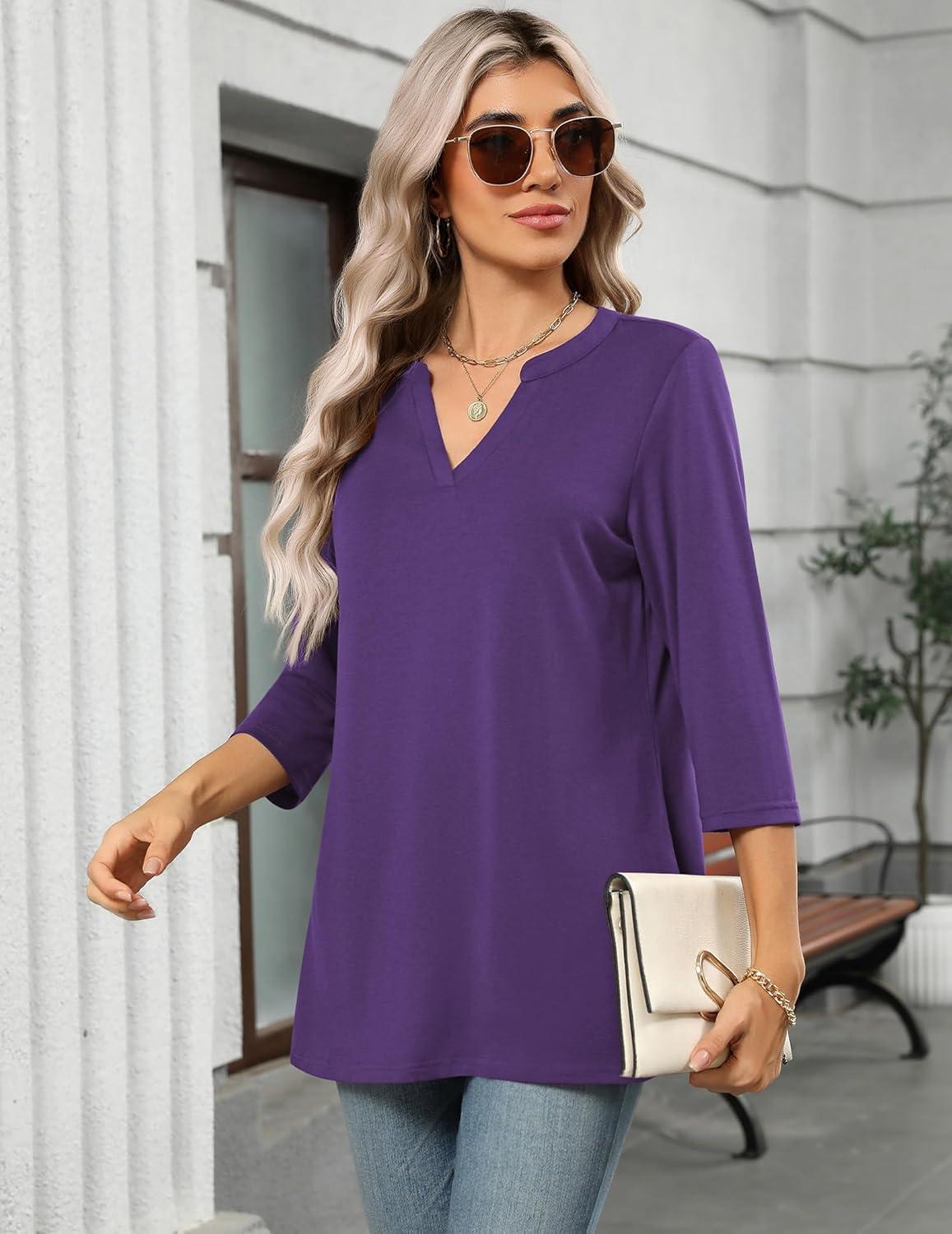 imageZeagoo Womens 34 Length Sleeve Tops V Neck Tunic Casual Dressy Blouse Floral Printed ShirtsPurple