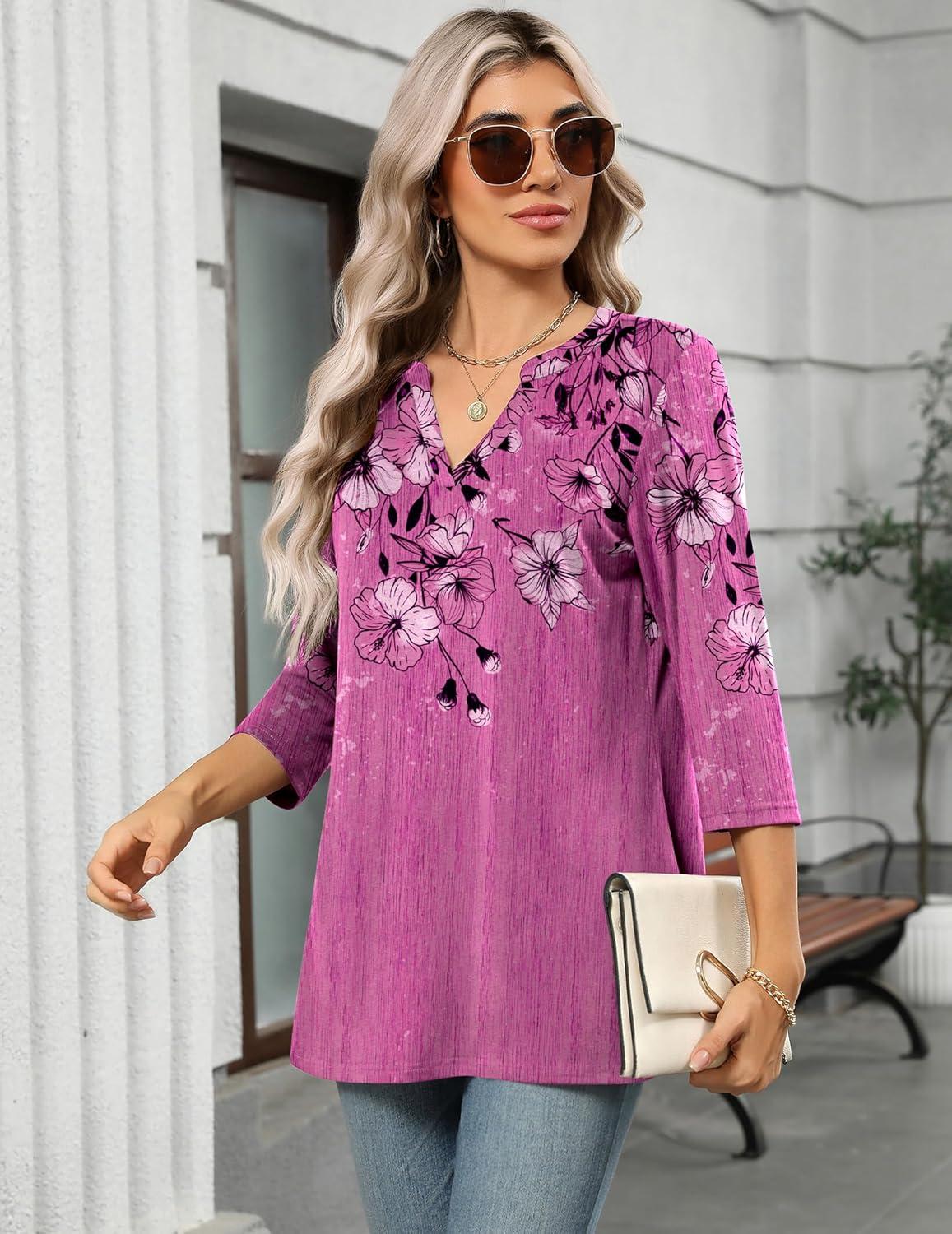 imageZeagoo Womens 34 Length Sleeve Tops V Neck Tunic Casual Dressy Blouse Floral Printed ShirtsPurple Floral