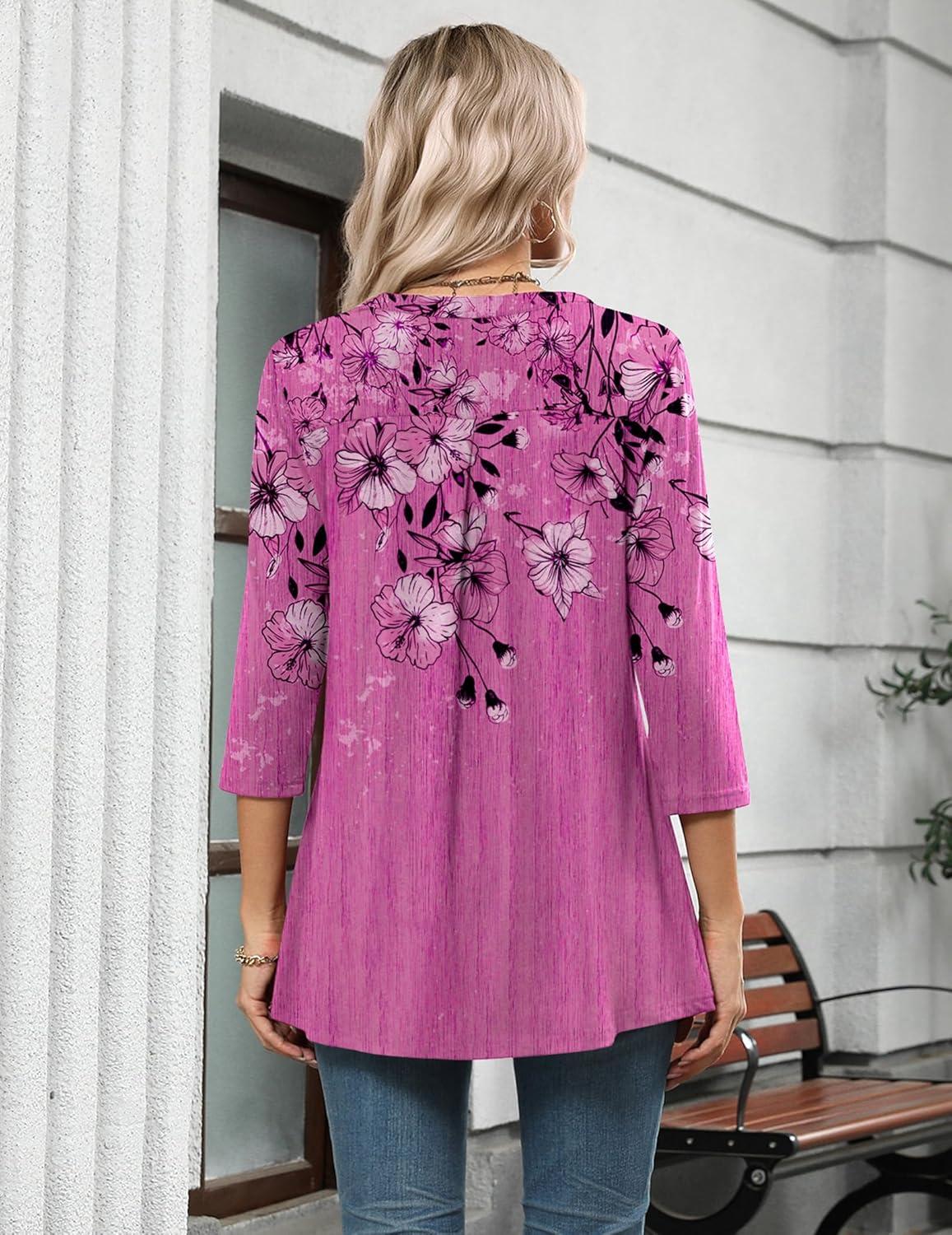 imageZeagoo Womens 34 Length Sleeve Tops V Neck Tunic Casual Dressy Blouse Floral Printed ShirtsPurple Floral