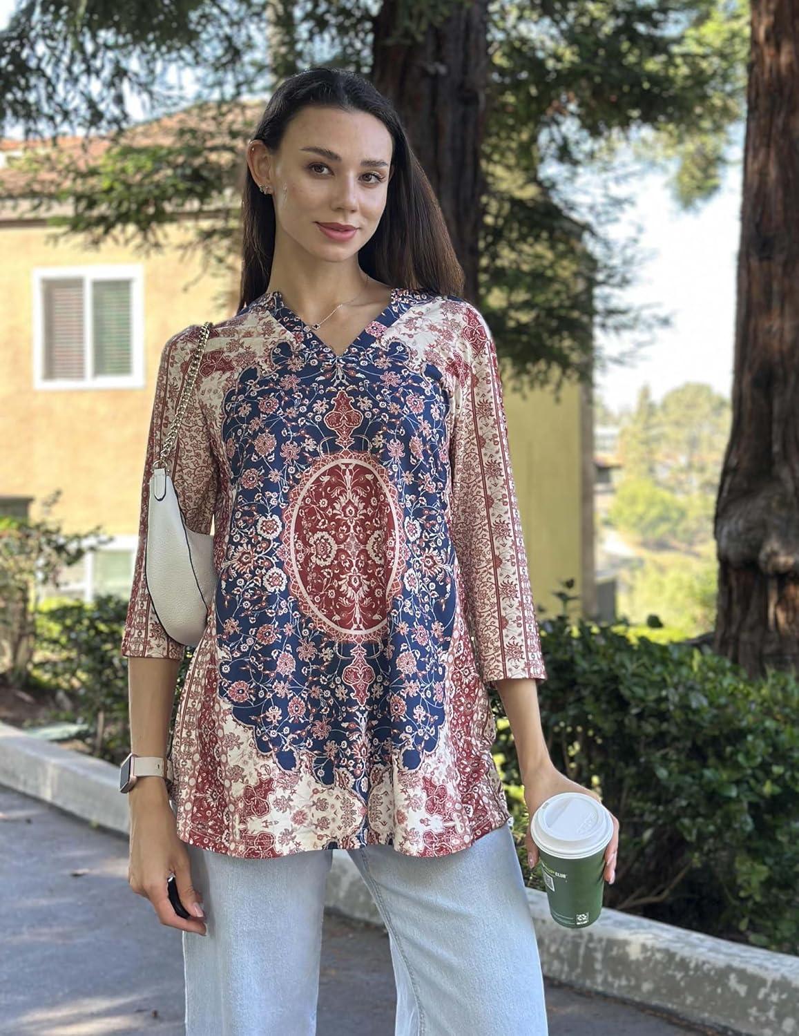imageZeagoo Womens 34 Length Sleeve Tops V Neck Tunic Casual Dressy Blouse Floral Printed ShirtsRed Pattern