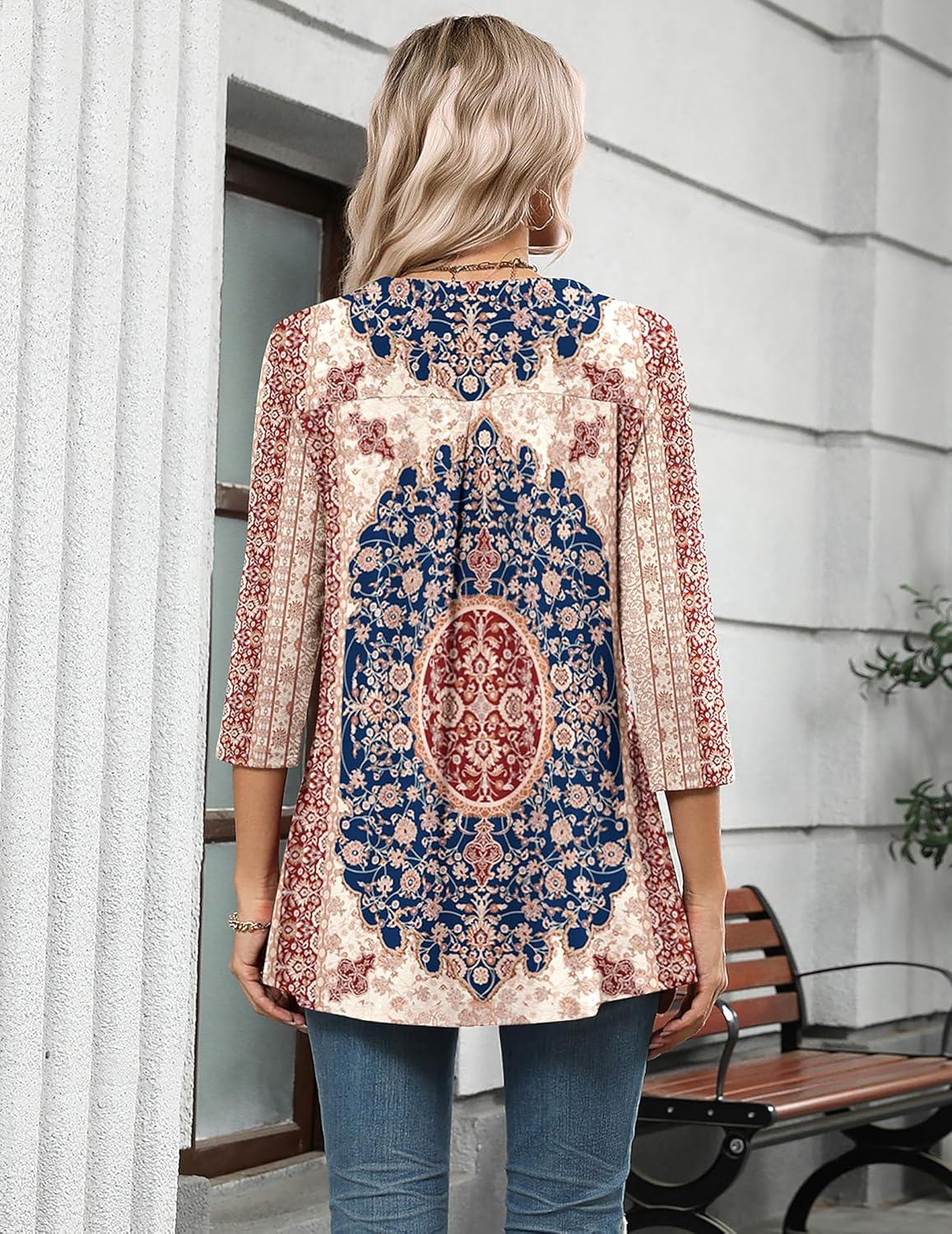 imageZeagoo Womens 34 Length Sleeve Tops V Neck Tunic Casual Dressy Blouse Floral Printed ShirtsRed Pattern