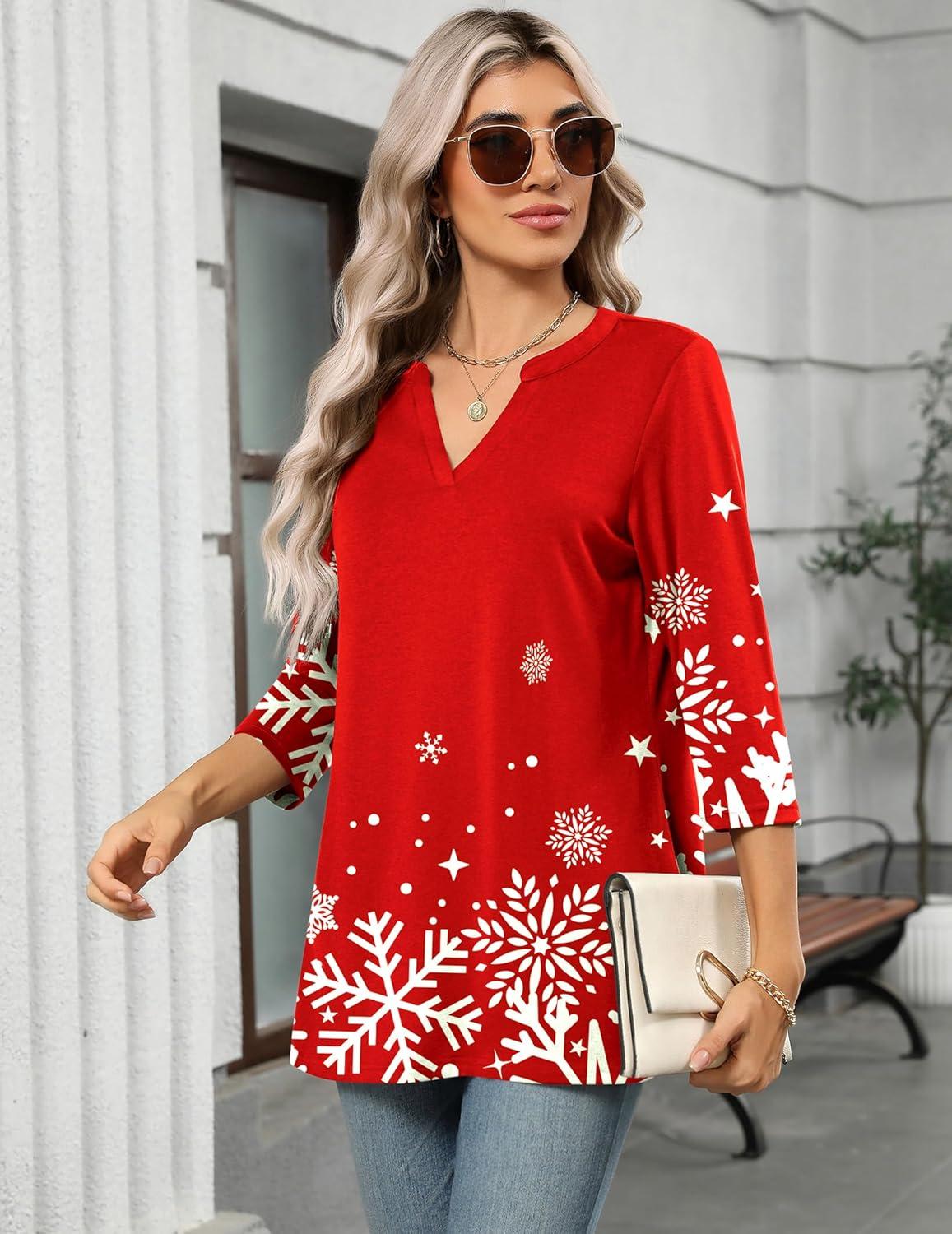 imageZeagoo Womens 34 Length Sleeve Tops V Neck Tunic Casual Dressy Blouse Floral Printed ShirtsSnowflake