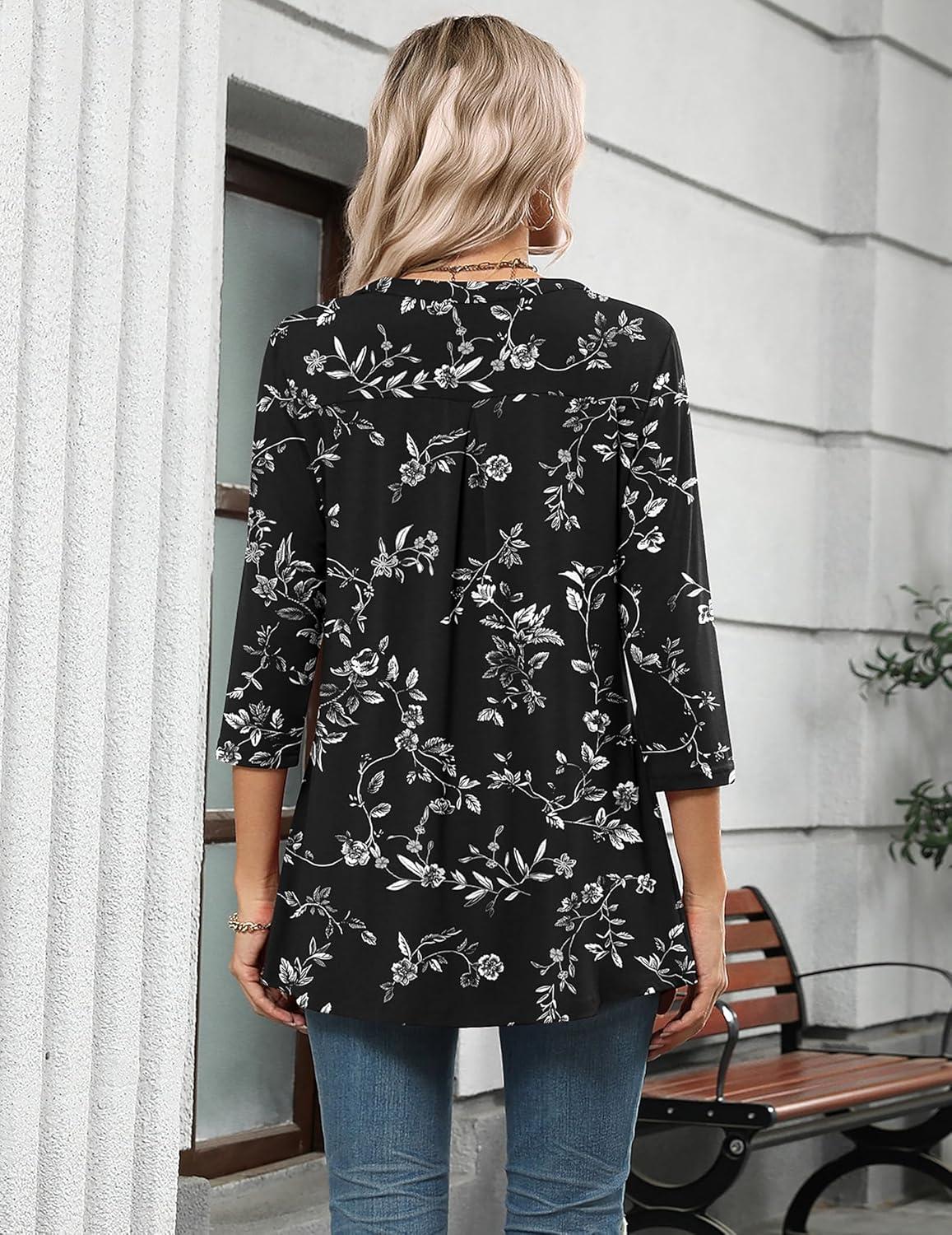 imageZeagoo Womens 34 Length Sleeve Tops V Neck Tunic Casual Dressy Blouse Floral Printed ShirtsWhite Floral