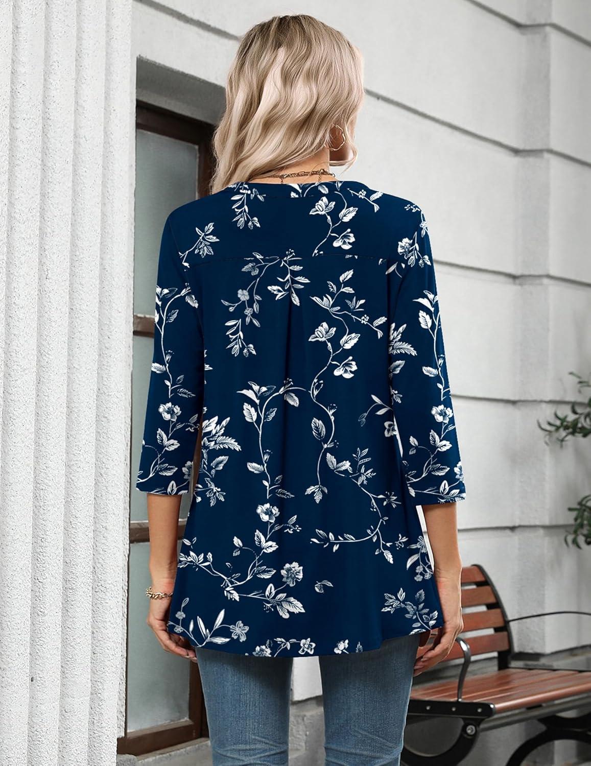 imageZeagoo Womens 34 Length Sleeve Tops V Neck Tunic Casual Dressy Blouse Floral Printed ShirtsWhite Leaves Navy Blue