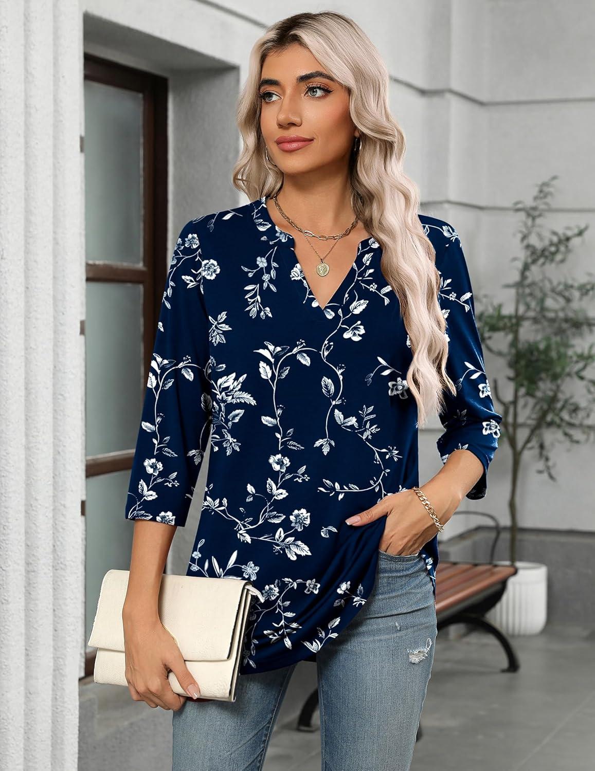 imageZeagoo Womens 34 Length Sleeve Tops V Neck Tunic Casual Dressy Blouse Floral Printed ShirtsWhite Leaves Navy Blue