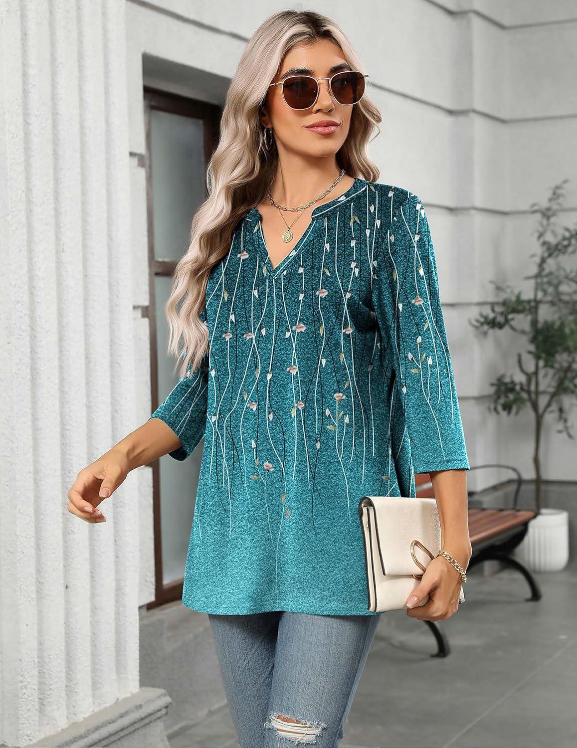 imageZeagoo Womens 34 Length Sleeve Tops V Neck Tunic Casual Dressy Blouse Floral Printed ShirtsWillowfloral