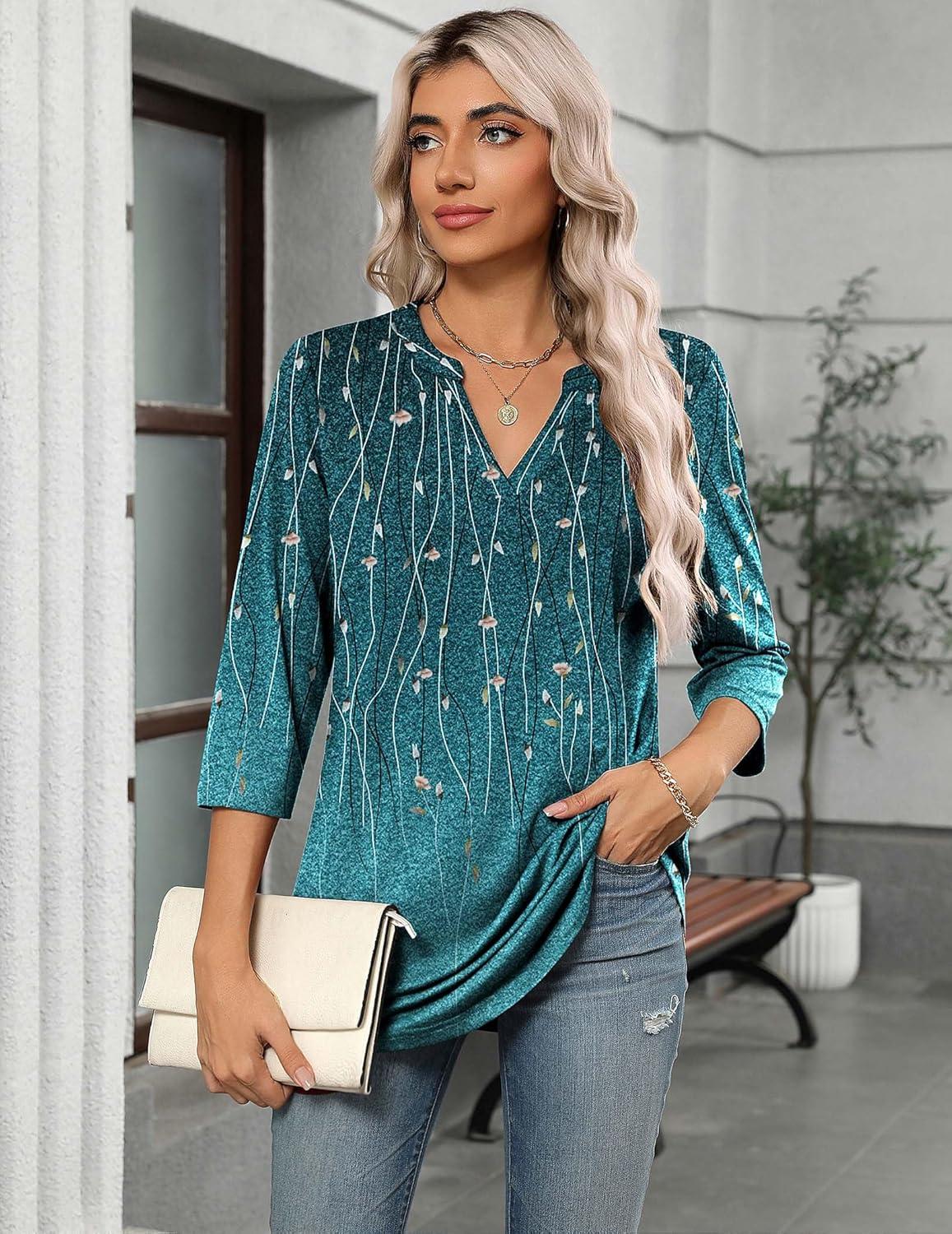 imageZeagoo Womens 34 Length Sleeve Tops V Neck Tunic Casual Dressy Blouse Floral Printed ShirtsWillowfloral