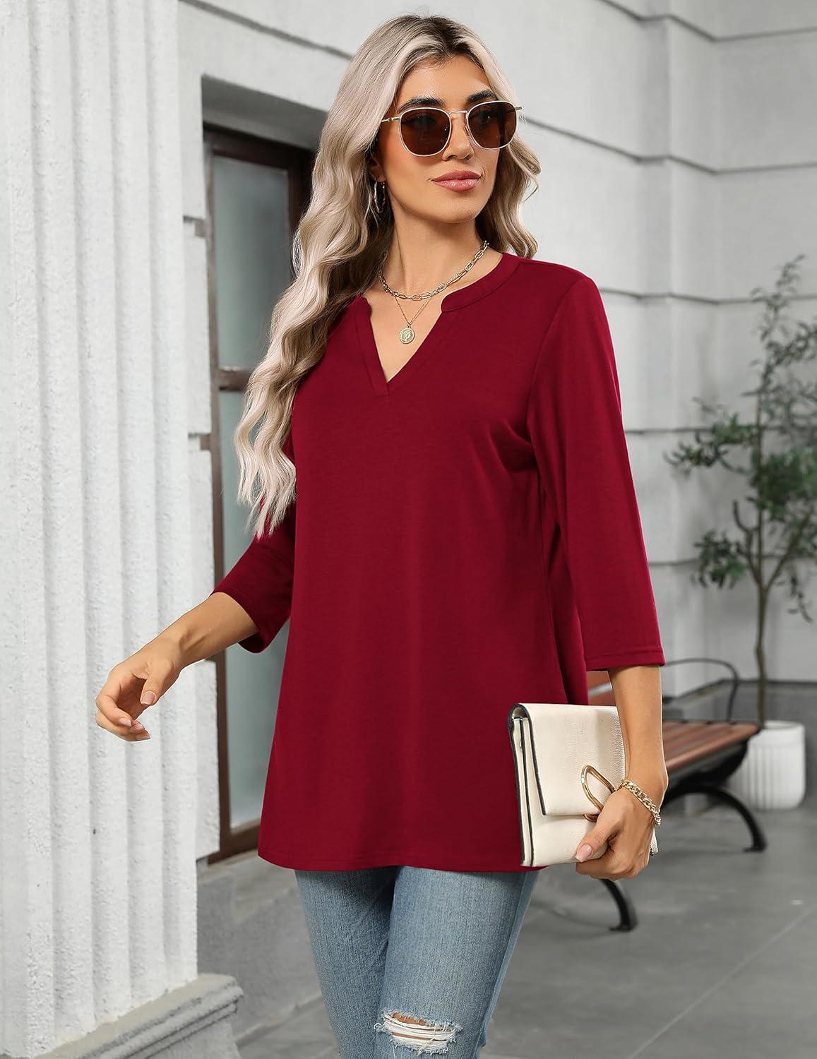 imageZeagoo Womens 34 Length Sleeve Tops V Neck Tunic Casual Dressy Blouse Floral Printed ShirtsWine Red