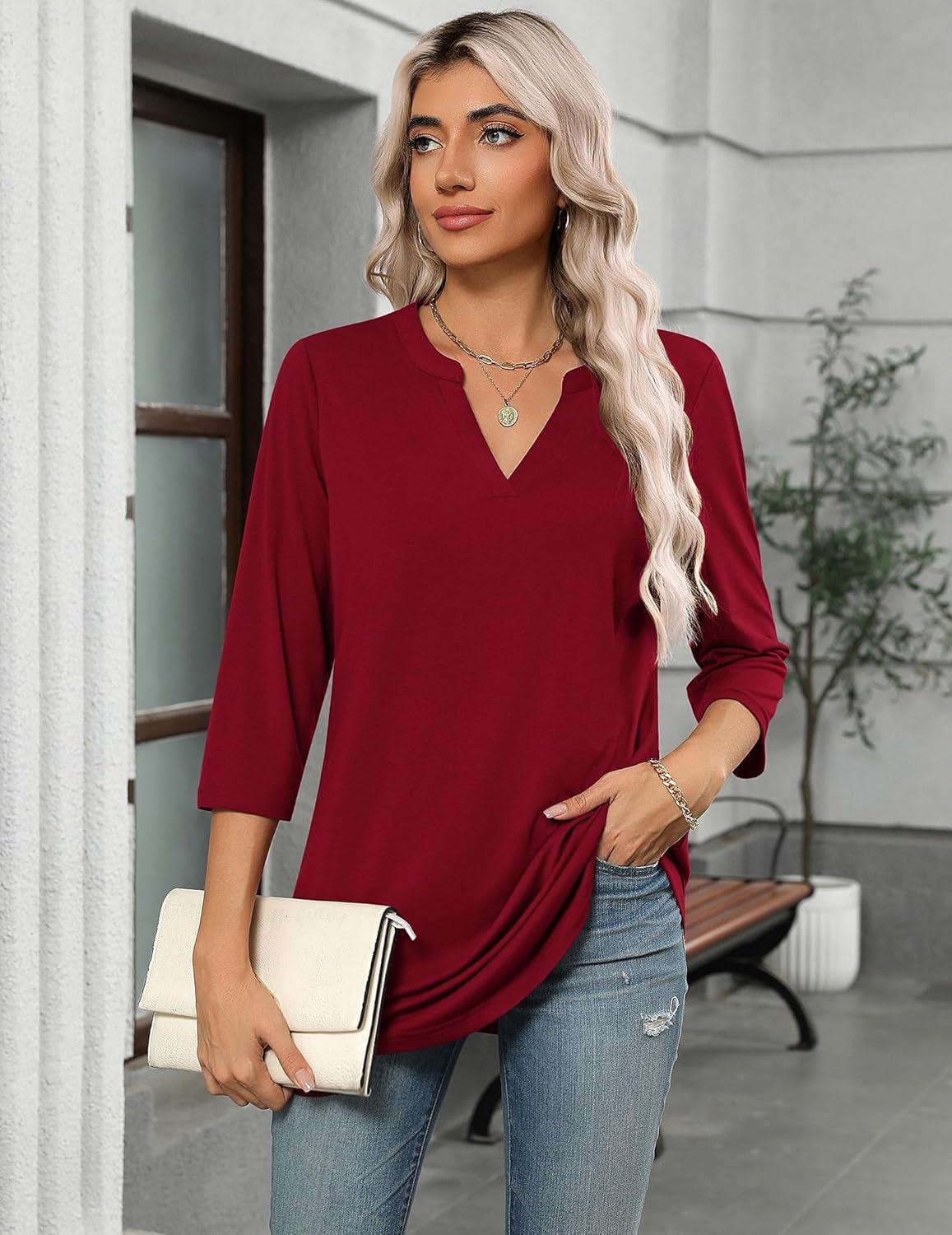 imageZeagoo Womens 34 Length Sleeve Tops V Neck Tunic Casual Dressy Blouse Floral Printed ShirtsWine Red