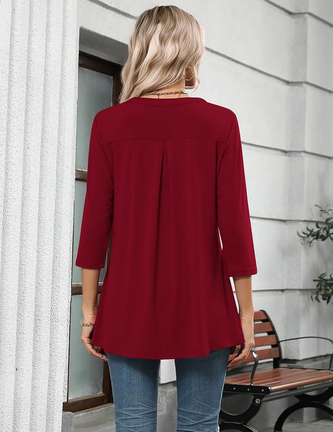 imageZeagoo Womens 34 Length Sleeve Tops V Neck Tunic Casual Dressy Blouse Floral Printed ShirtsWine Red