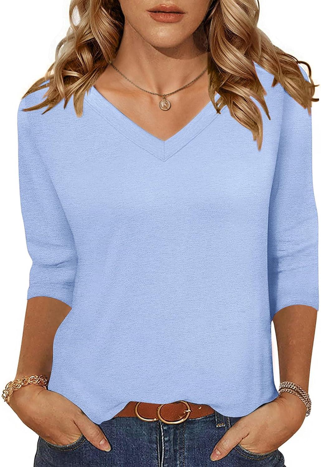 imageZeagoo Womens Blouse Casual 34 Length Sleeve V Neck Basic TShirts Spring Summer Cute Tunic Tops Business Work TeesBlue