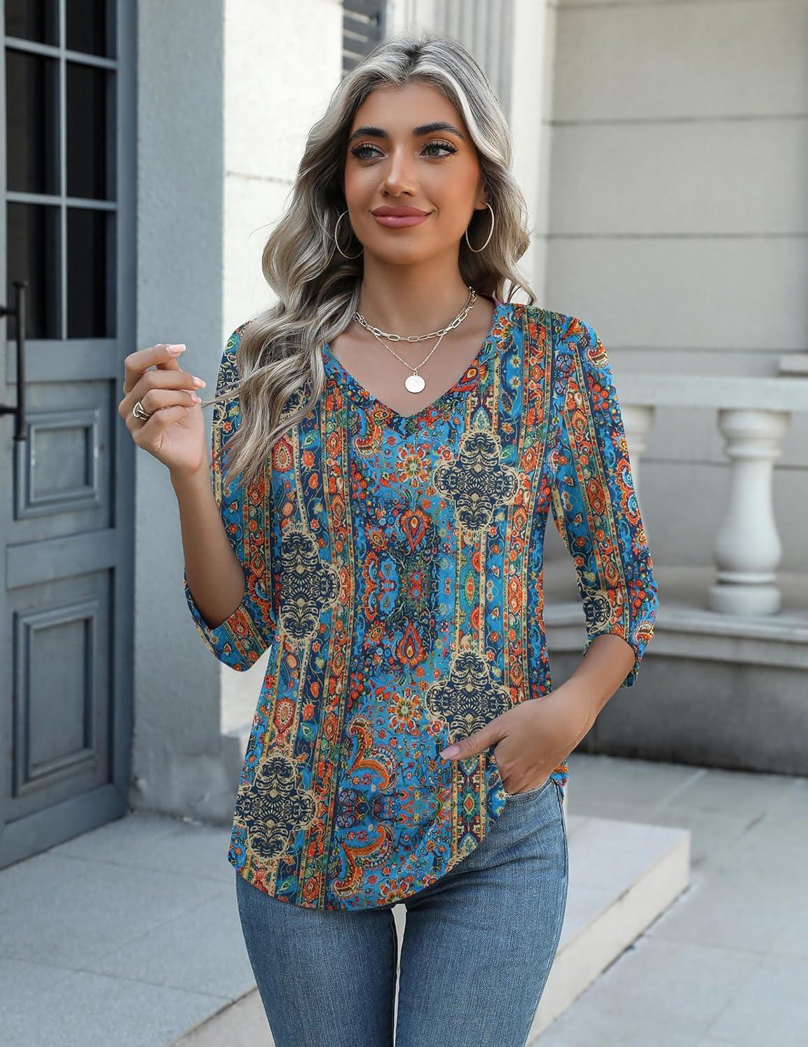imageZeagoo Womens Blouse Casual 34 Length Sleeve V Neck Basic TShirts Spring Summer Cute Tunic Tops Business Work TeesBohomz779