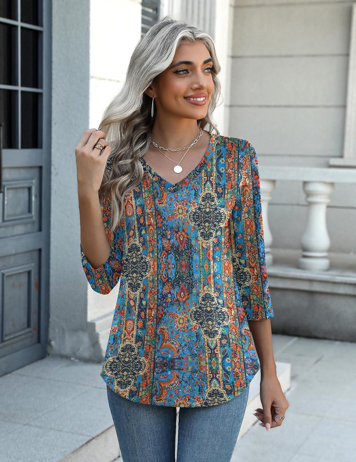 imageZeagoo Womens Blouse Casual 34 Length Sleeve V Neck Basic TShirts Spring Summer Cute Tunic Tops Business Work TeesBohomz779
