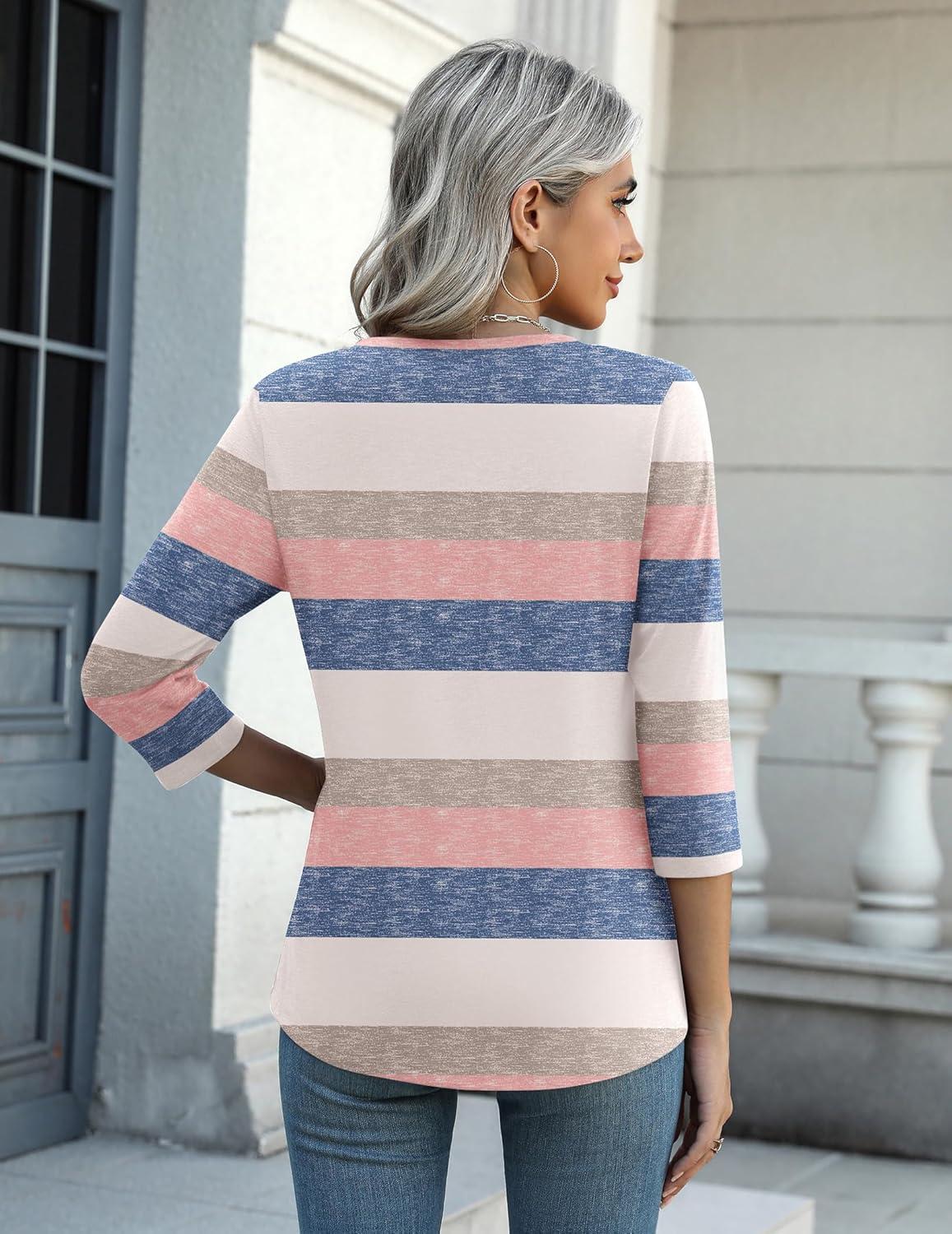 imageZeagoo Womens Blouse Casual 34 Length Sleeve V Neck Basic TShirts Spring Summer Cute Tunic Tops Business Work TeesStripedtw669