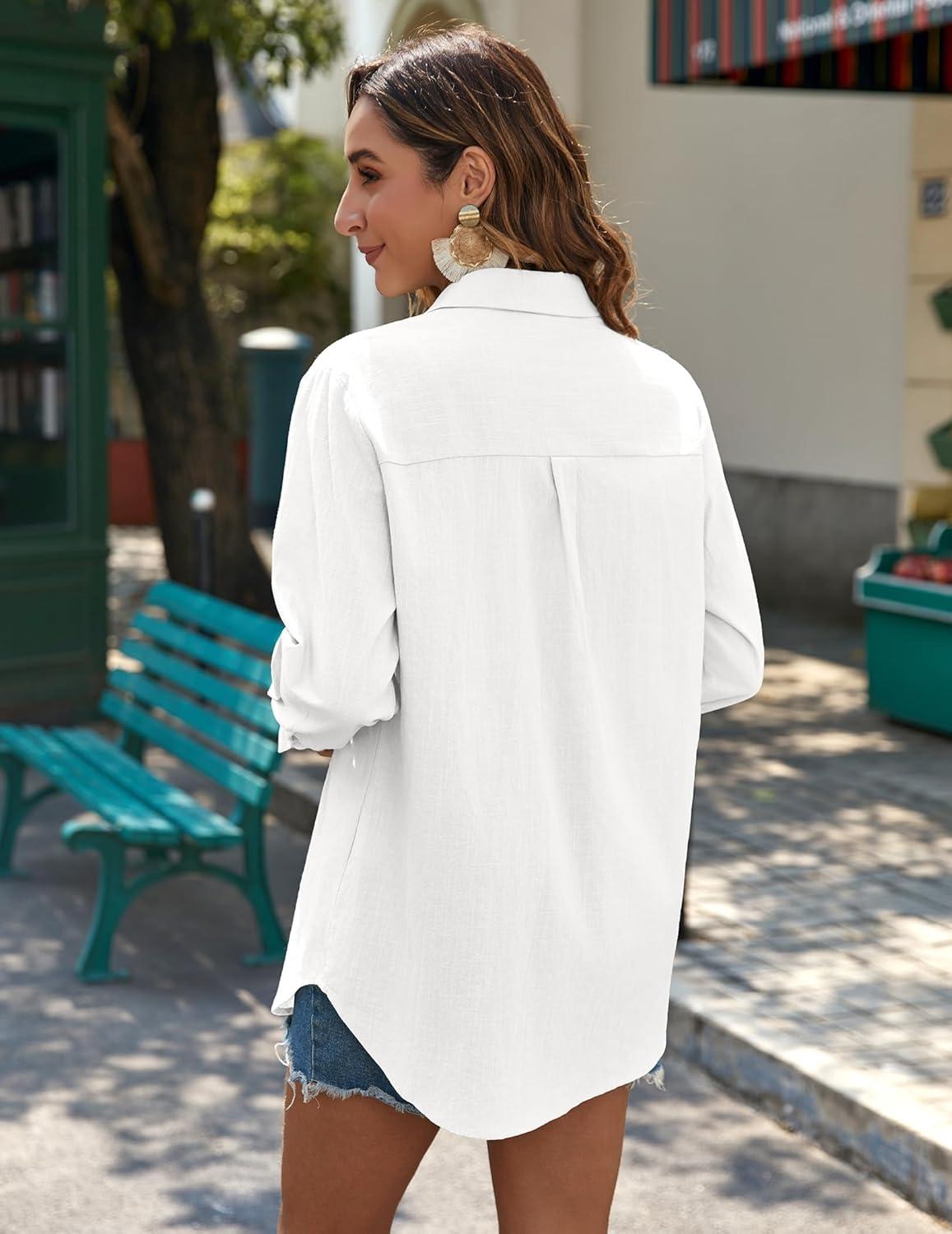 imageZeagoo Womens Button Down Shirts Long Sleeve Cotton Gauze Tops Casual Collared Blouses Loose FitAawhite