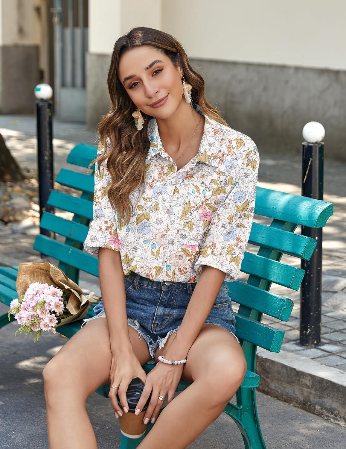 imageZeagoo Womens Button Down Shirts Long Sleeve Cotton Gauze Tops Casual Collared Blouses Loose FitApricot Blossom